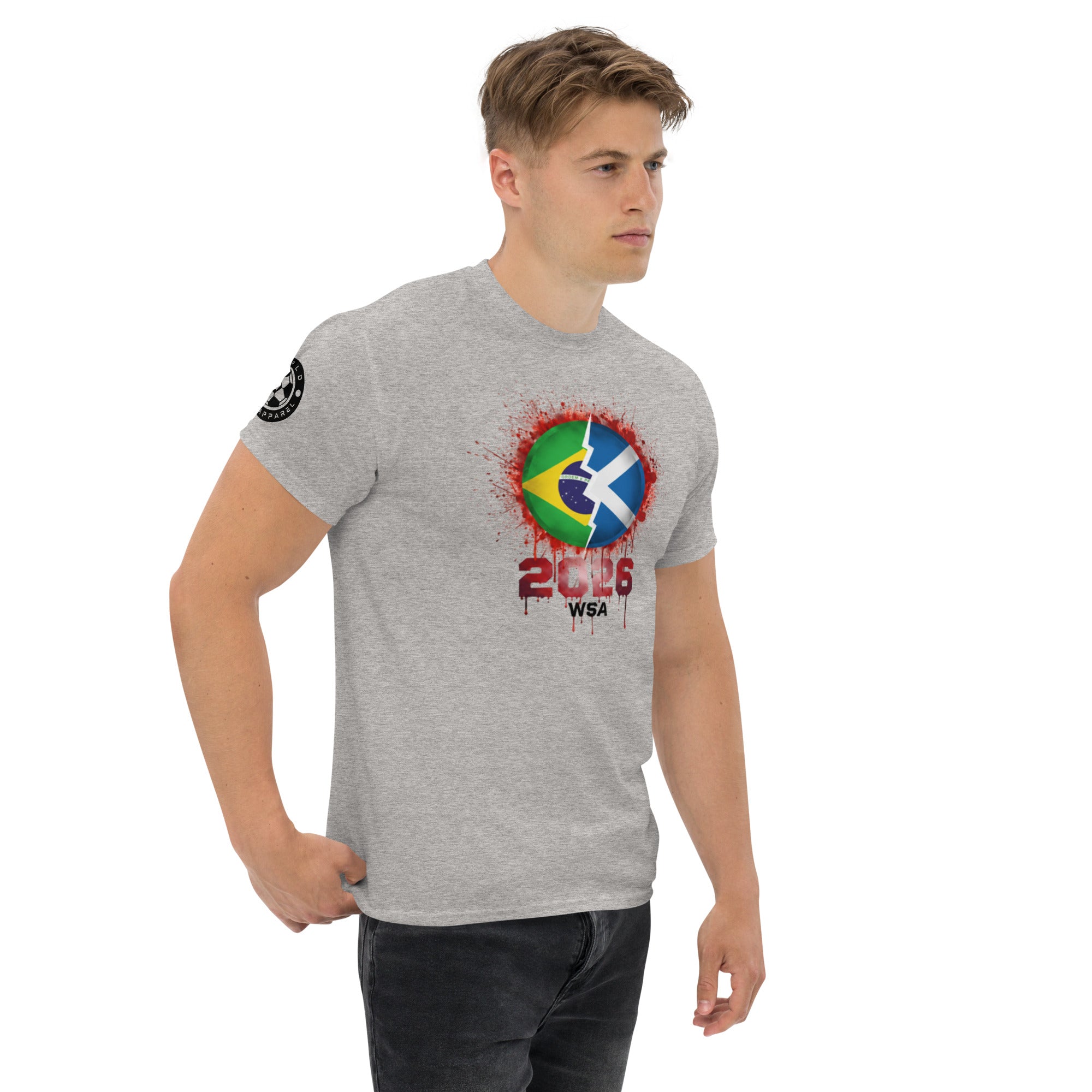 Man wearing a gray t-shirt with a colorful design and text on a white background