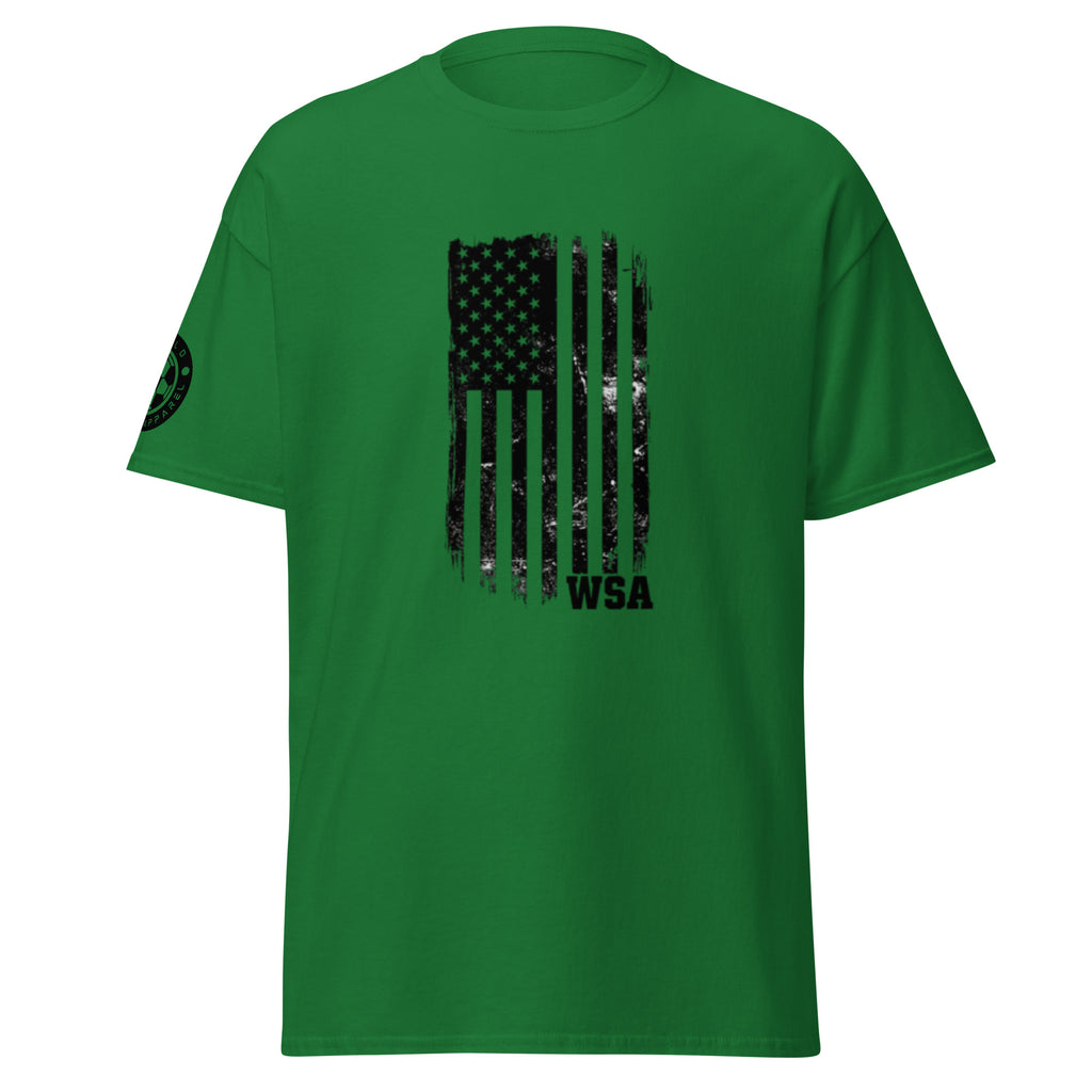Green t-shirt with black American flag graphic and 'WSA' text on a white background