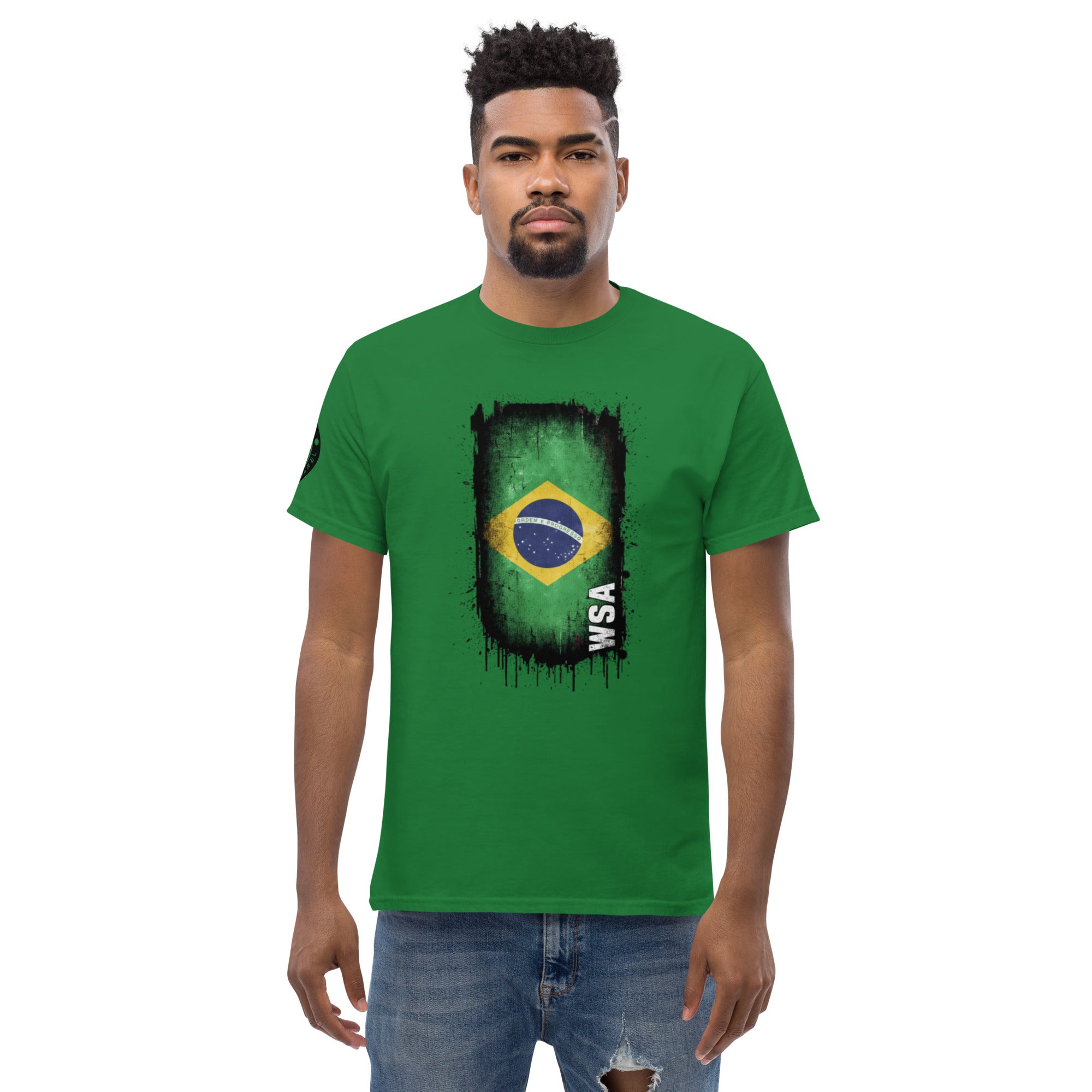 Man wearing a green t-shirt with a Brazilian flag design on a white background