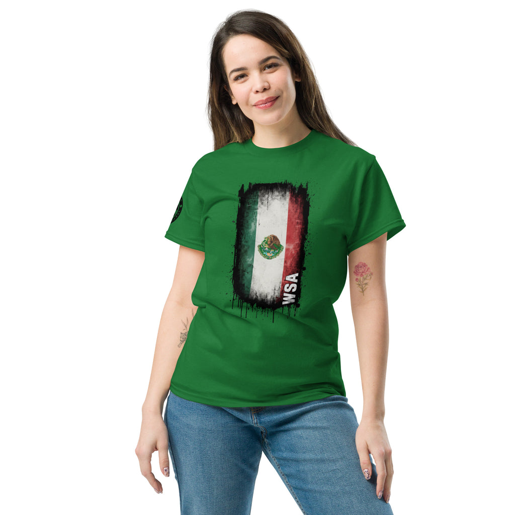 Woman wearing a green t-shirt with a graphic design on a white background