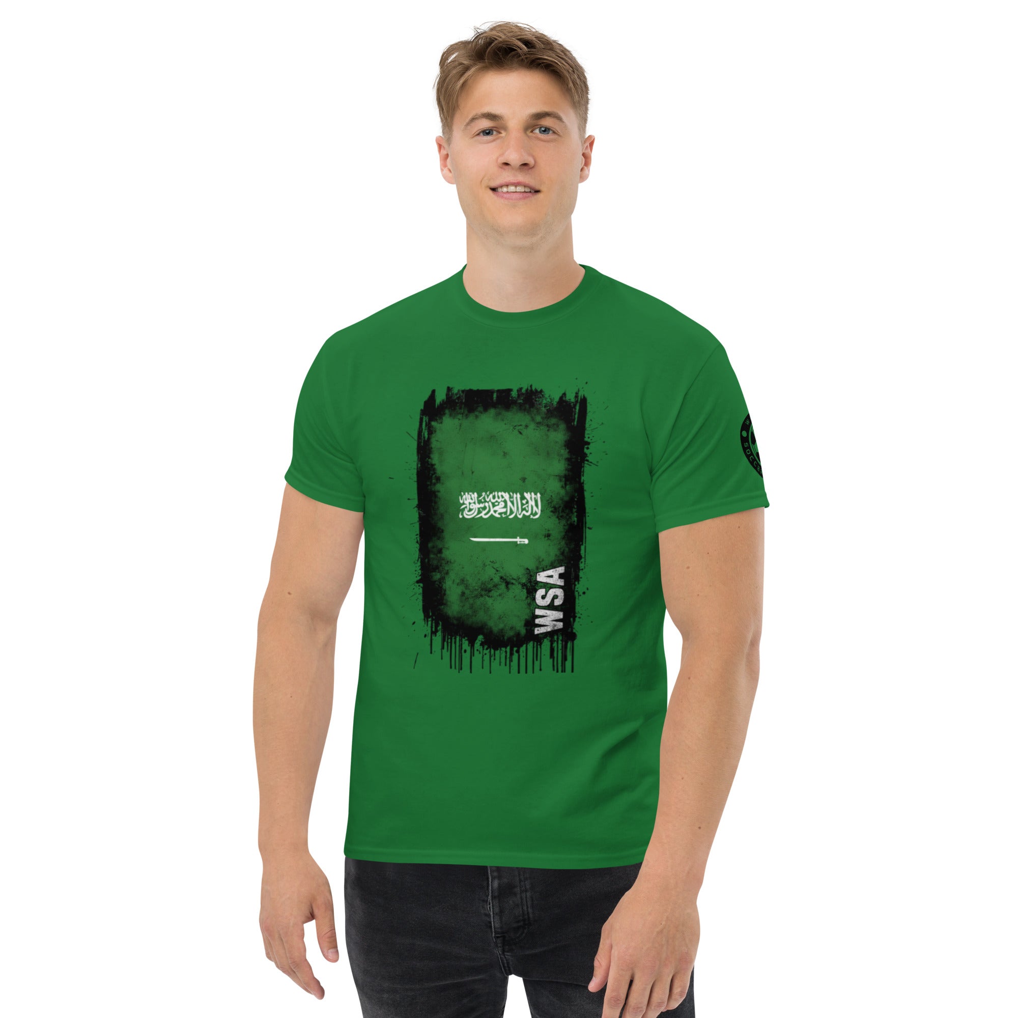 Man wearing a green t-shirt with a graphic design on a white background