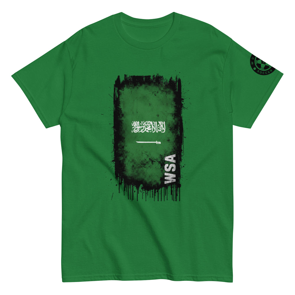 Green t-shirt with black and white graphic design on a white background
