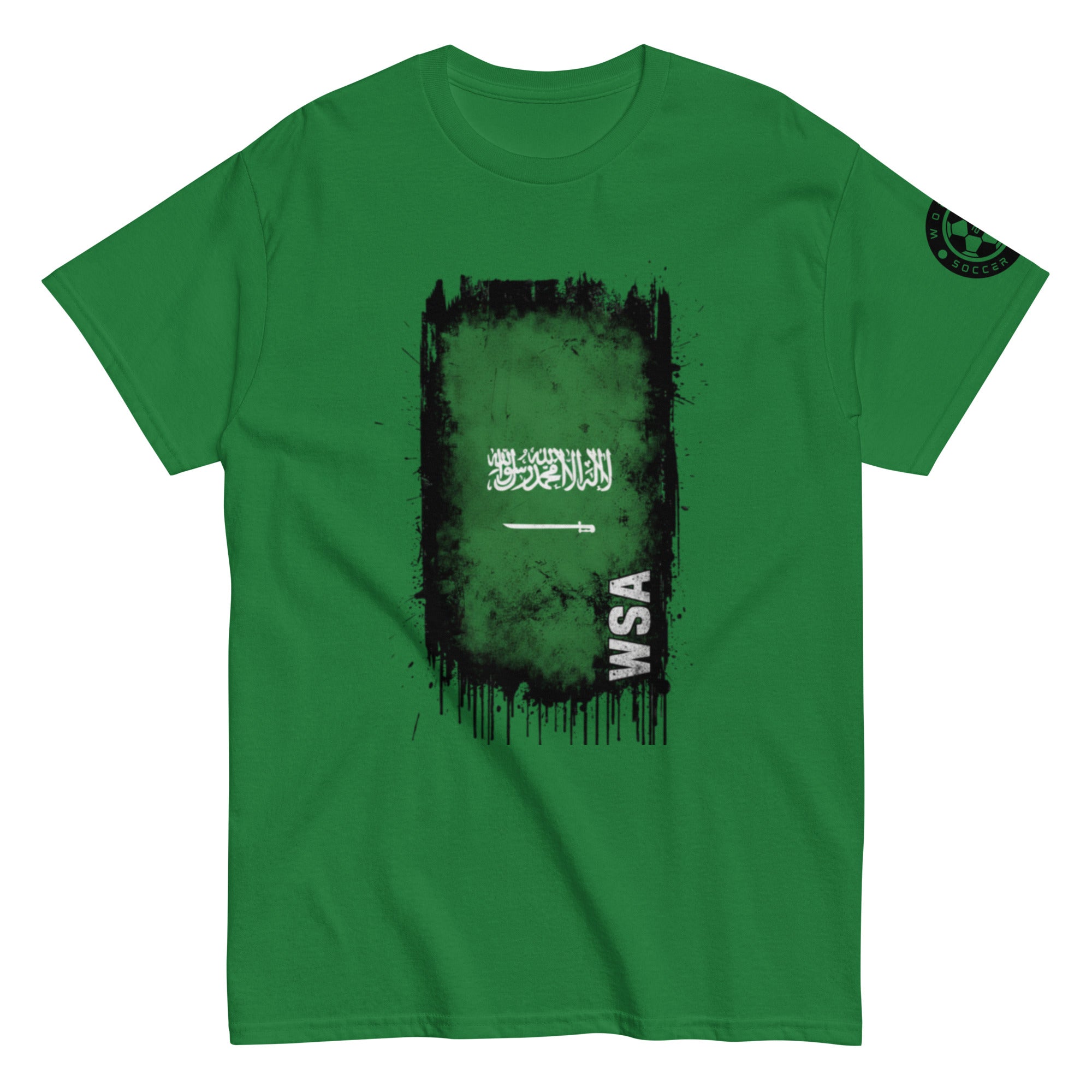 Green t-shirt with black and white graphic design on a white background