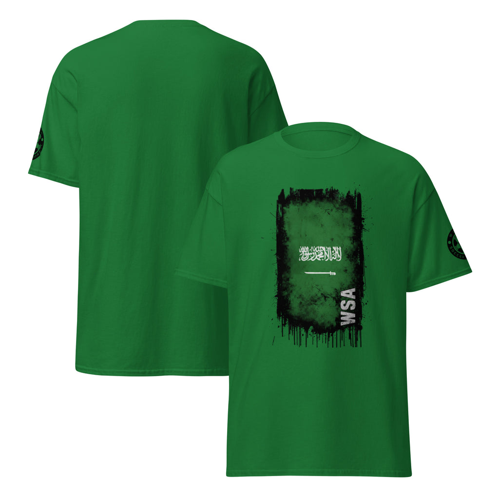 Green t-shirt with black graphic design on a white background
