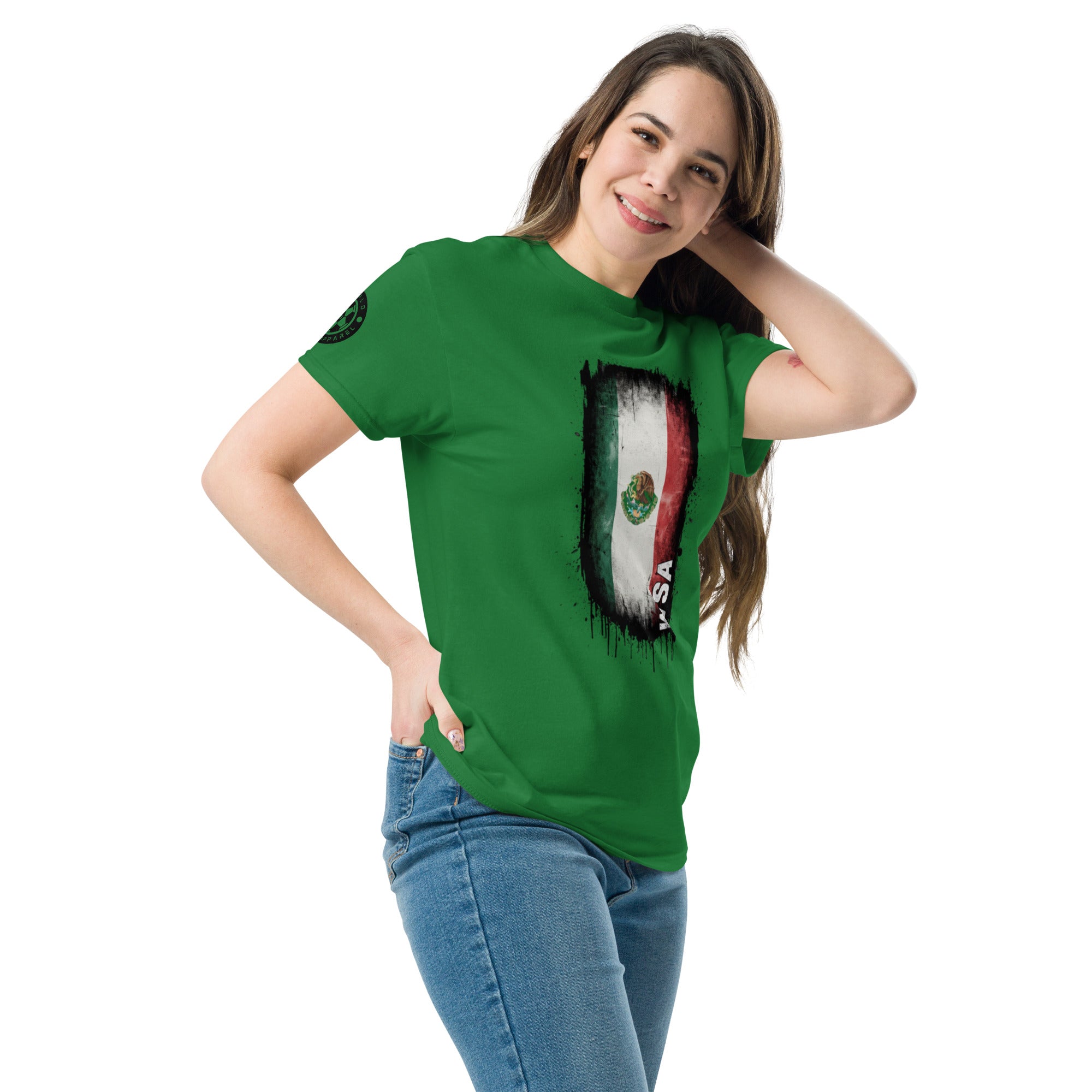 Woman wearing a green t-shirt with a graphic design on a white background