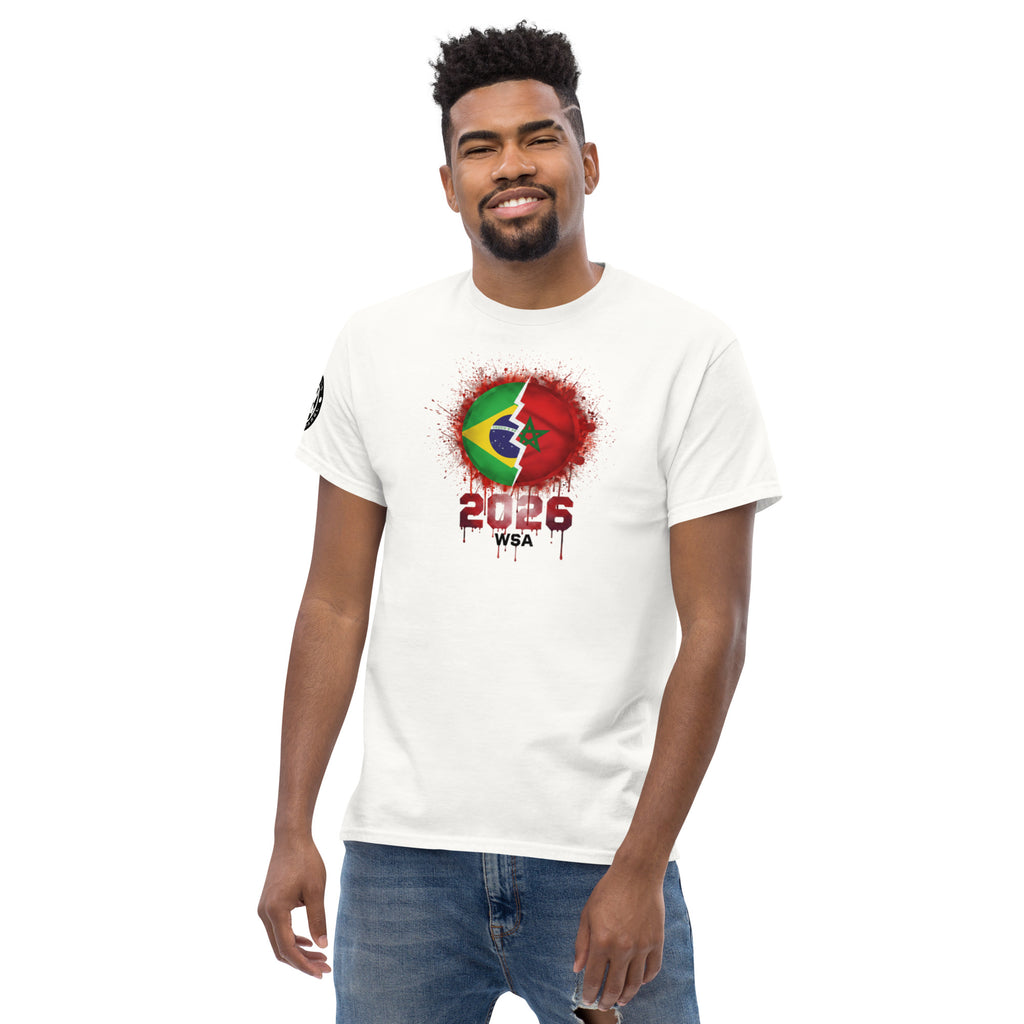 Man wearing a white t-shirt with a colorful design and text on a white background