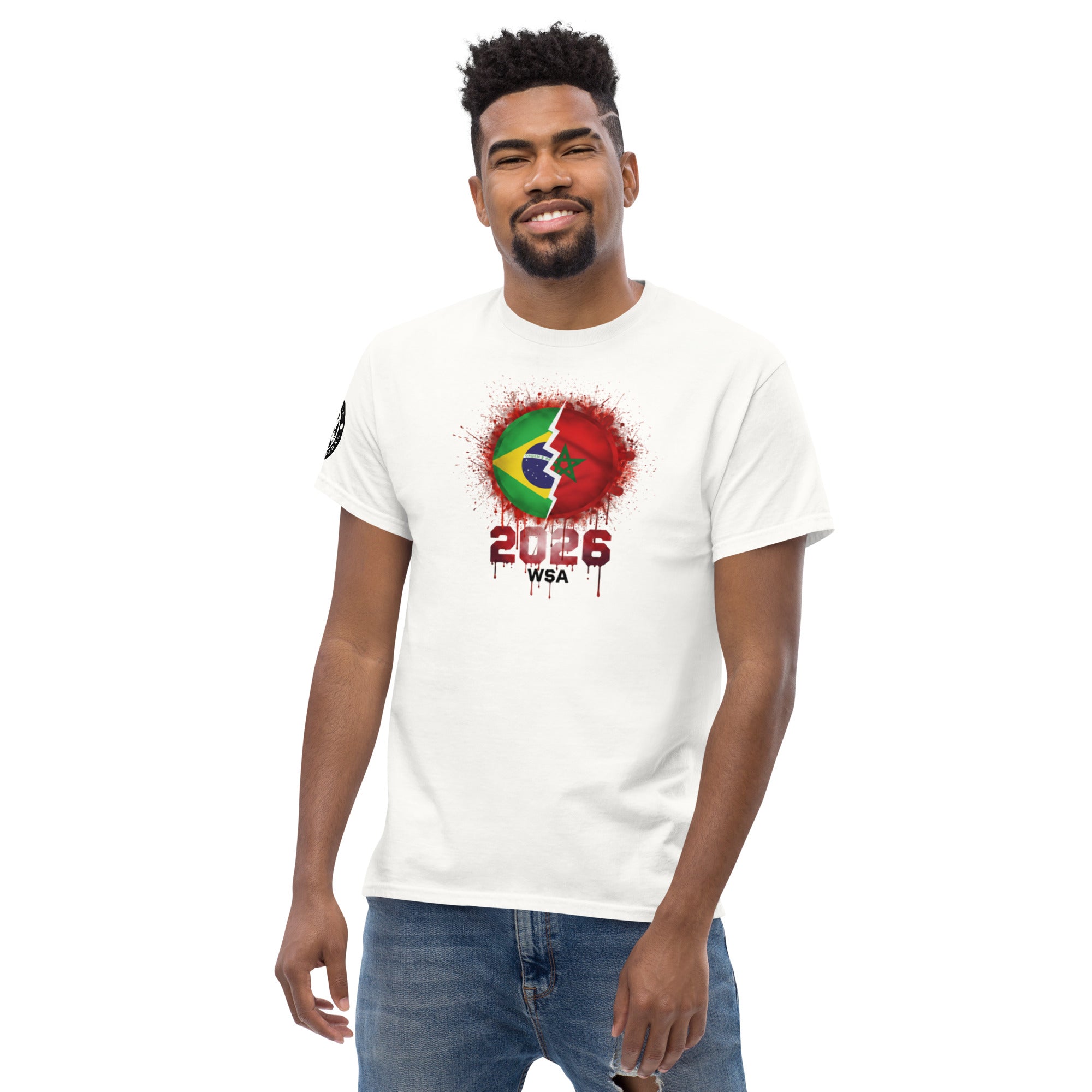 Man wearing a white t-shirt with a colorful design and text on a white background