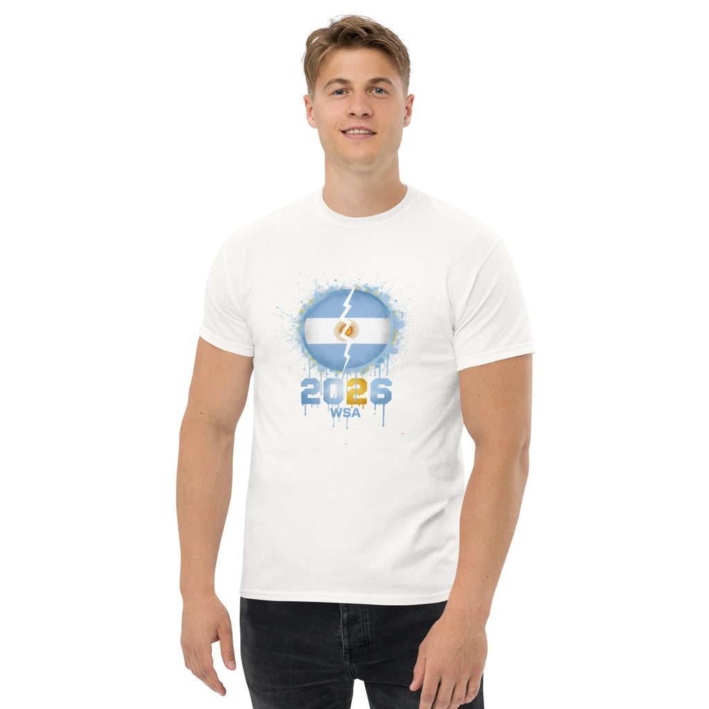 Person wearing a white t-shirt with a graphic design on a white background