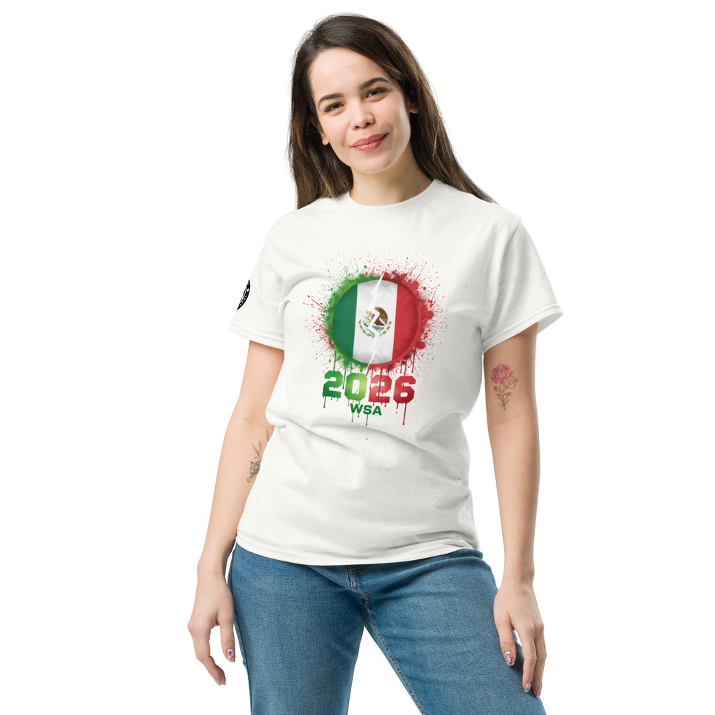 Woman wearing a white t-shirt with a colorful design and text on a white background
