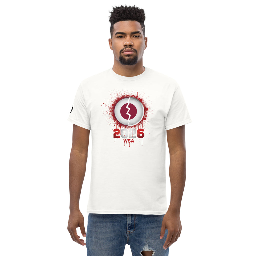 Man wearing a white t-shirt with a red and black graphic design on a white background