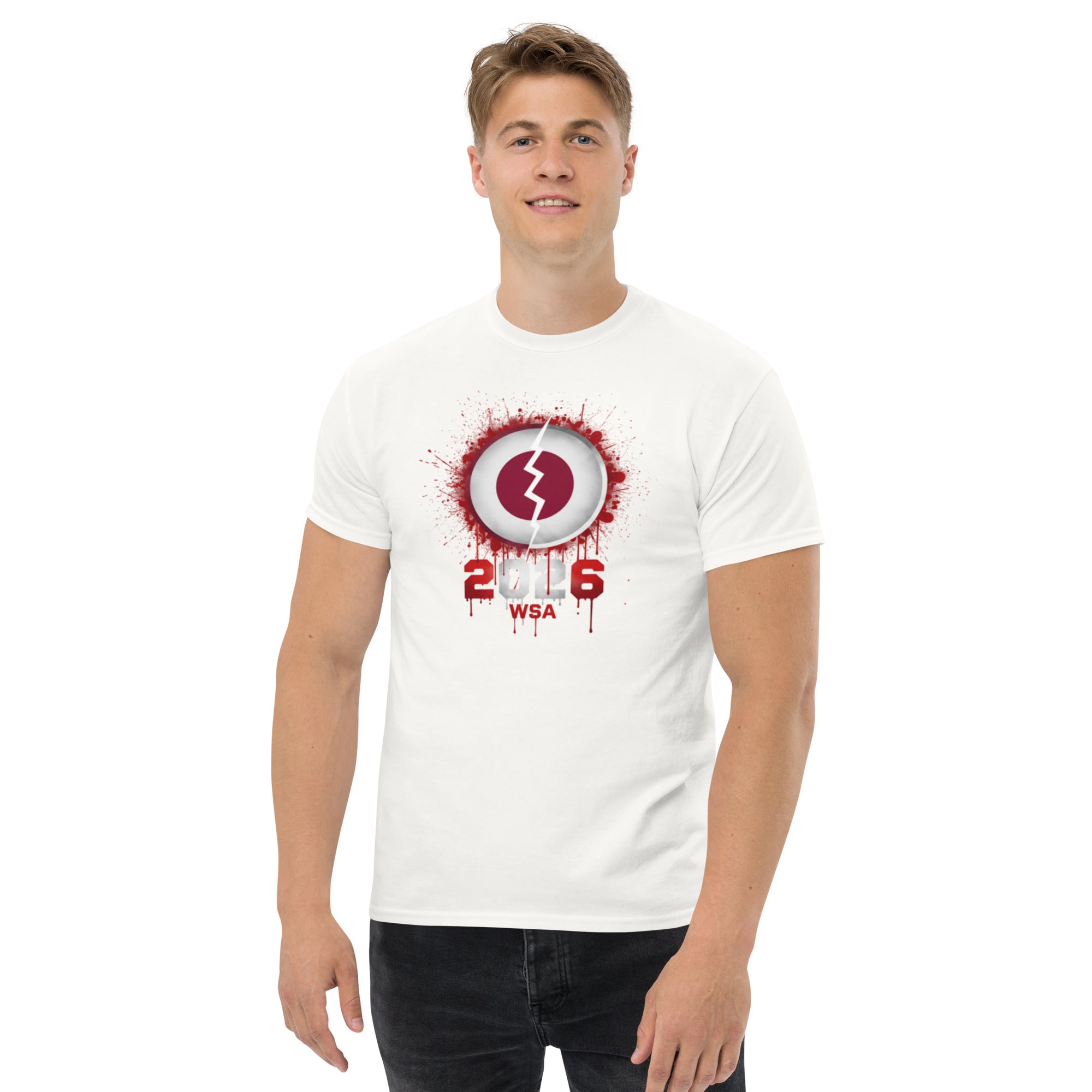 Man wearing a white t-shirt with a red and black graphic design on a white background