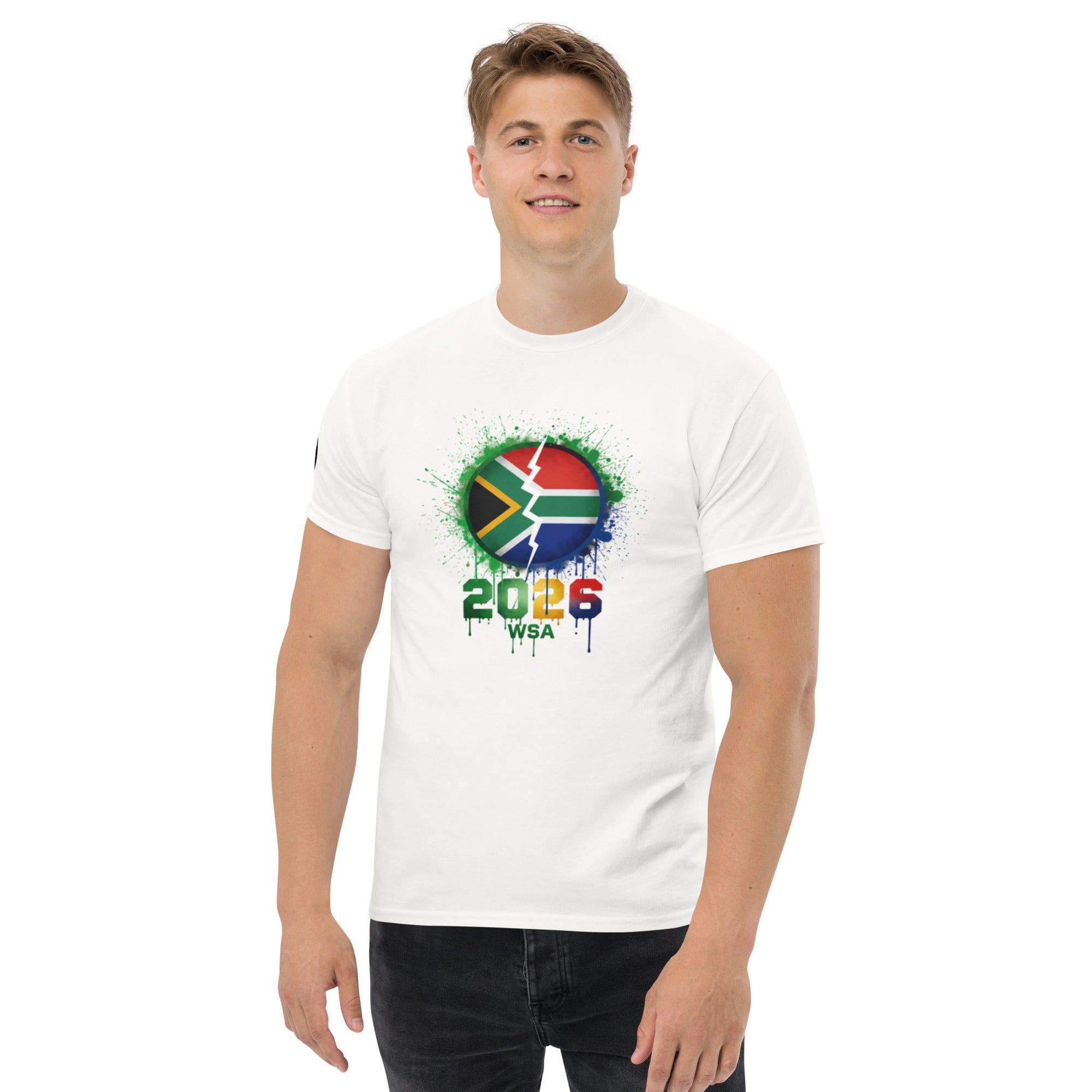 Person wearing a white t-shirt with a colorful design on a white background
