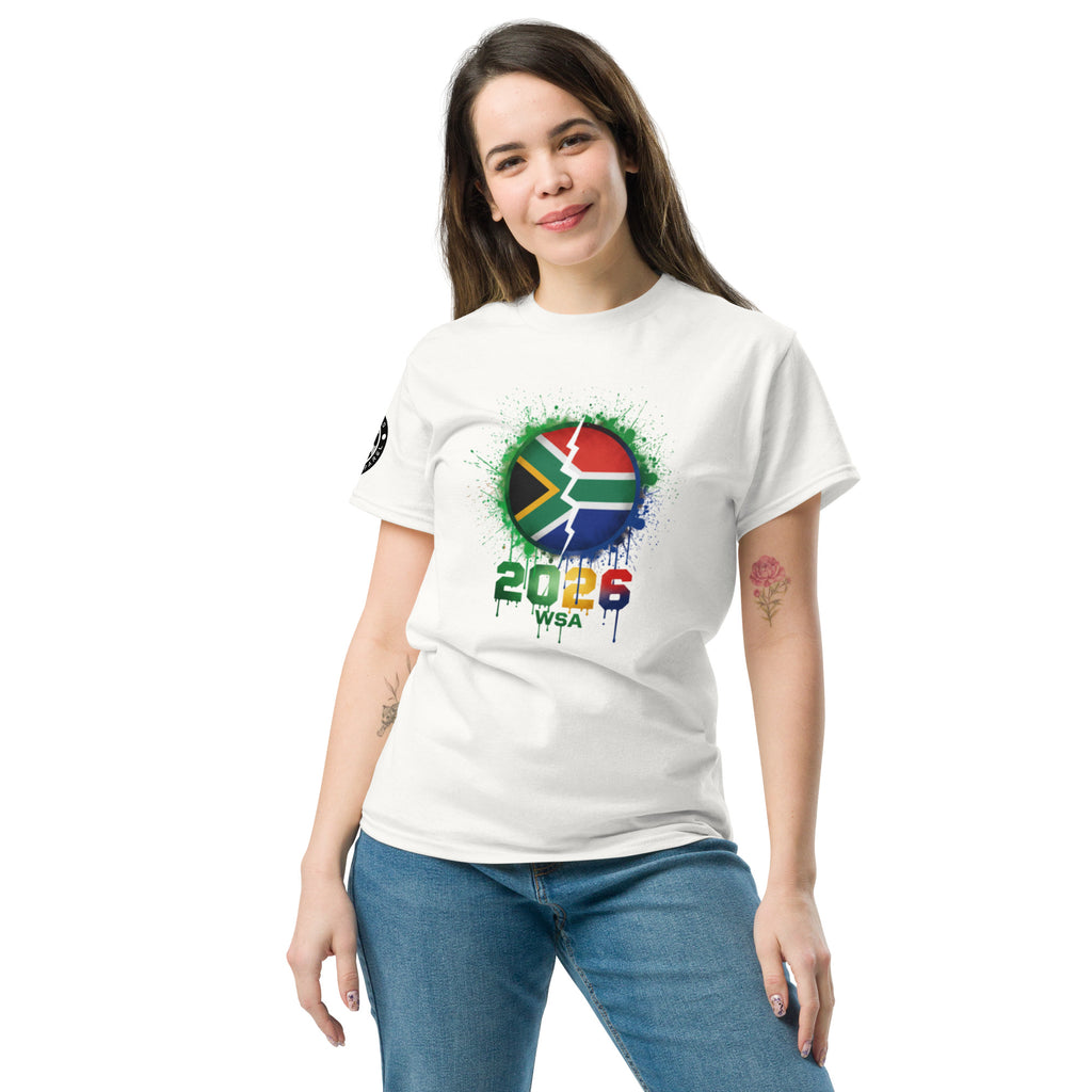 Woman wearing a white t-shirt with a colorful design and text on a white background