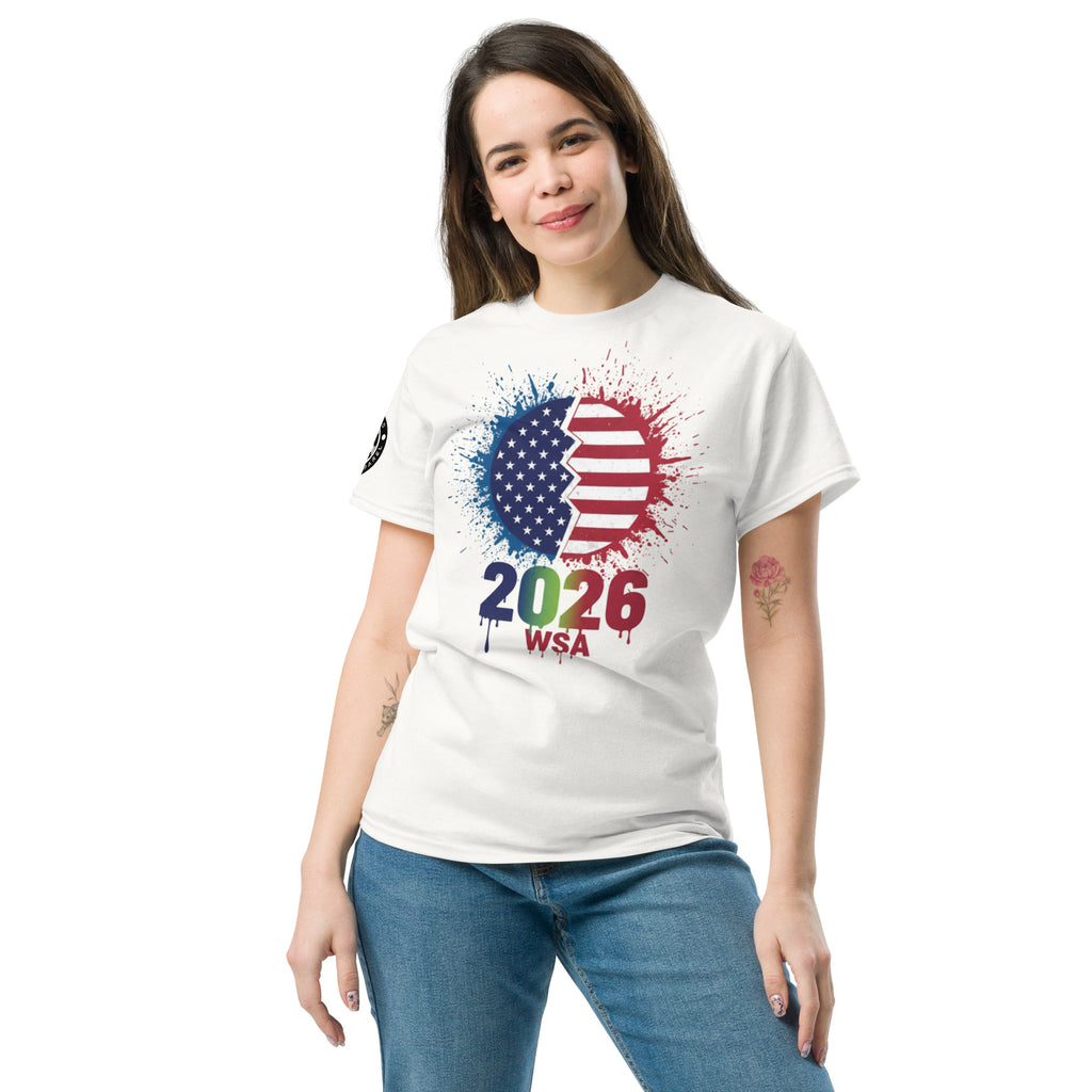 Woman wearing a white t-shirt with a colorful design featuring '2026 WSA' on a white background