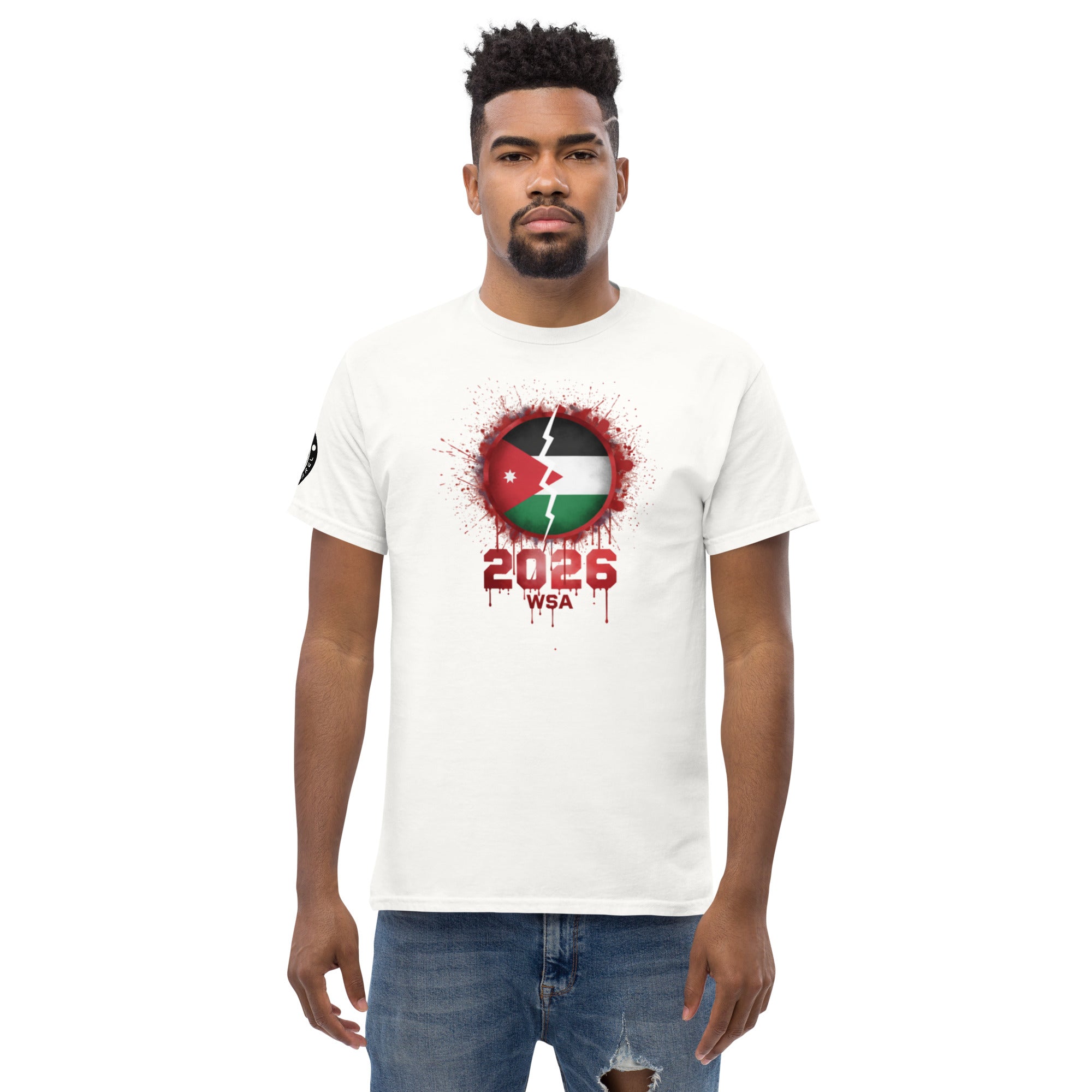 Man wearing a white t-shirt with a graphic design on a white background