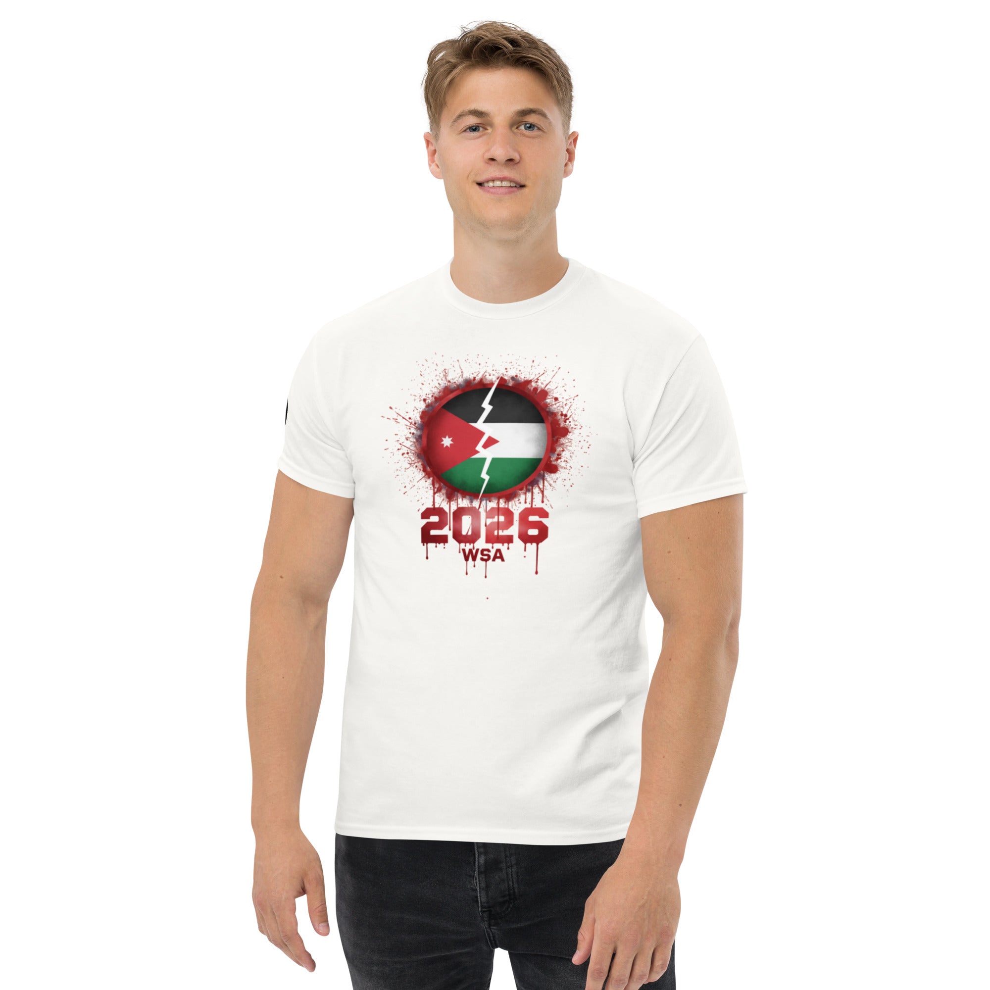 Person wearing a white t-shirt with a graphic design on a white background