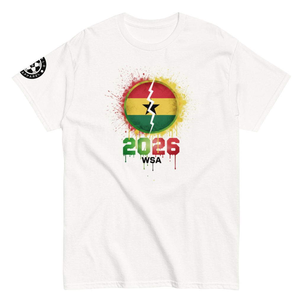 White t-shirt with a colorful graphic design featuring the number 2026 and text on a white background.