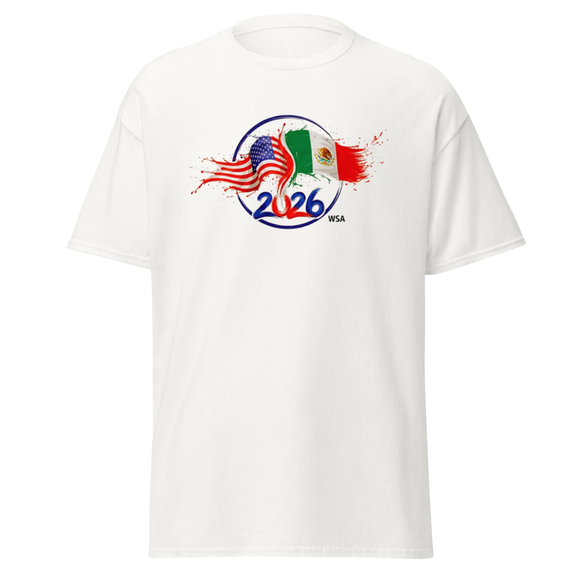 White t-shirt with 2026 FIFA World Cup logo featuring American and Mexican flags on a white background