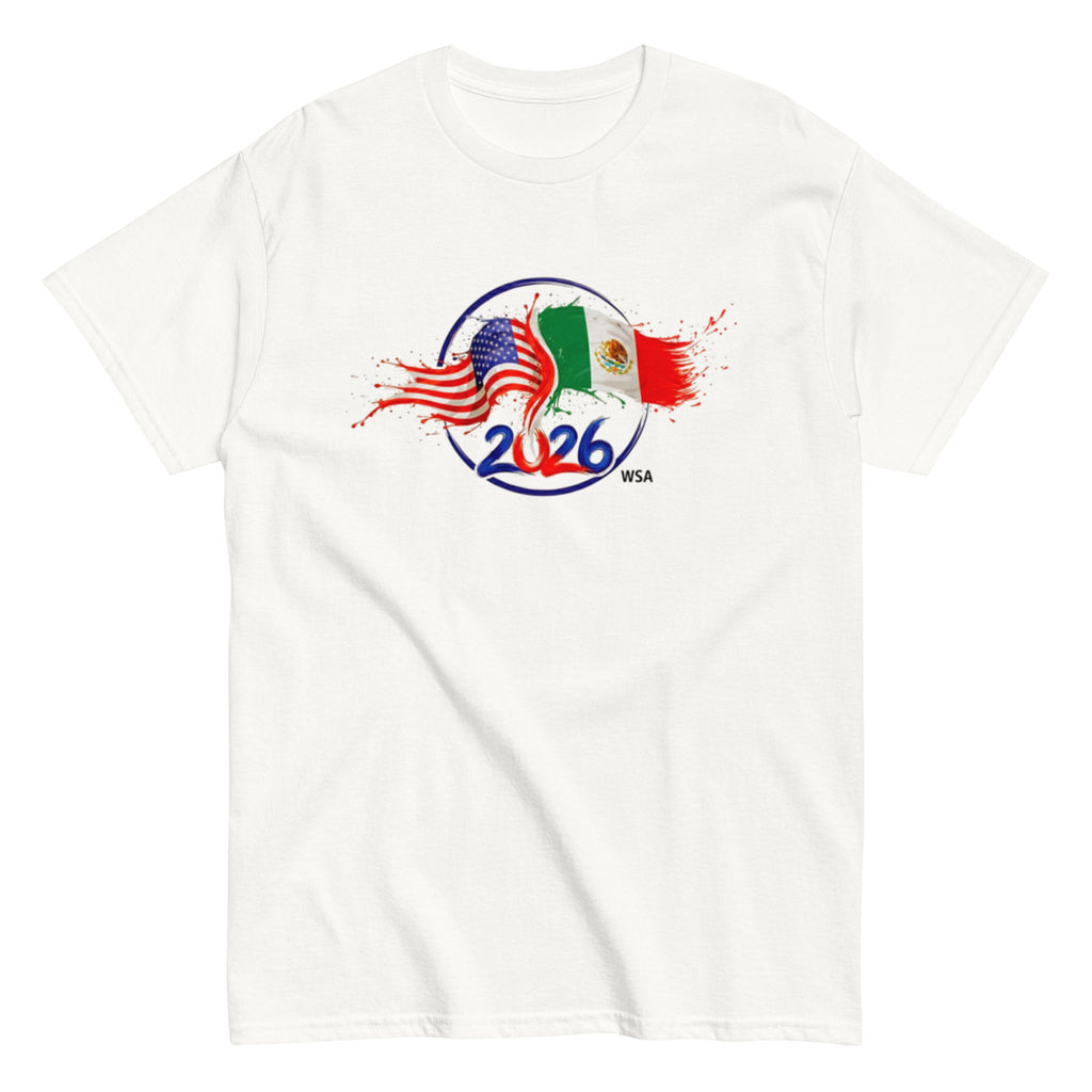 White t-shirt with 2026 WSA logo featuring American and Mexican flags on a white background