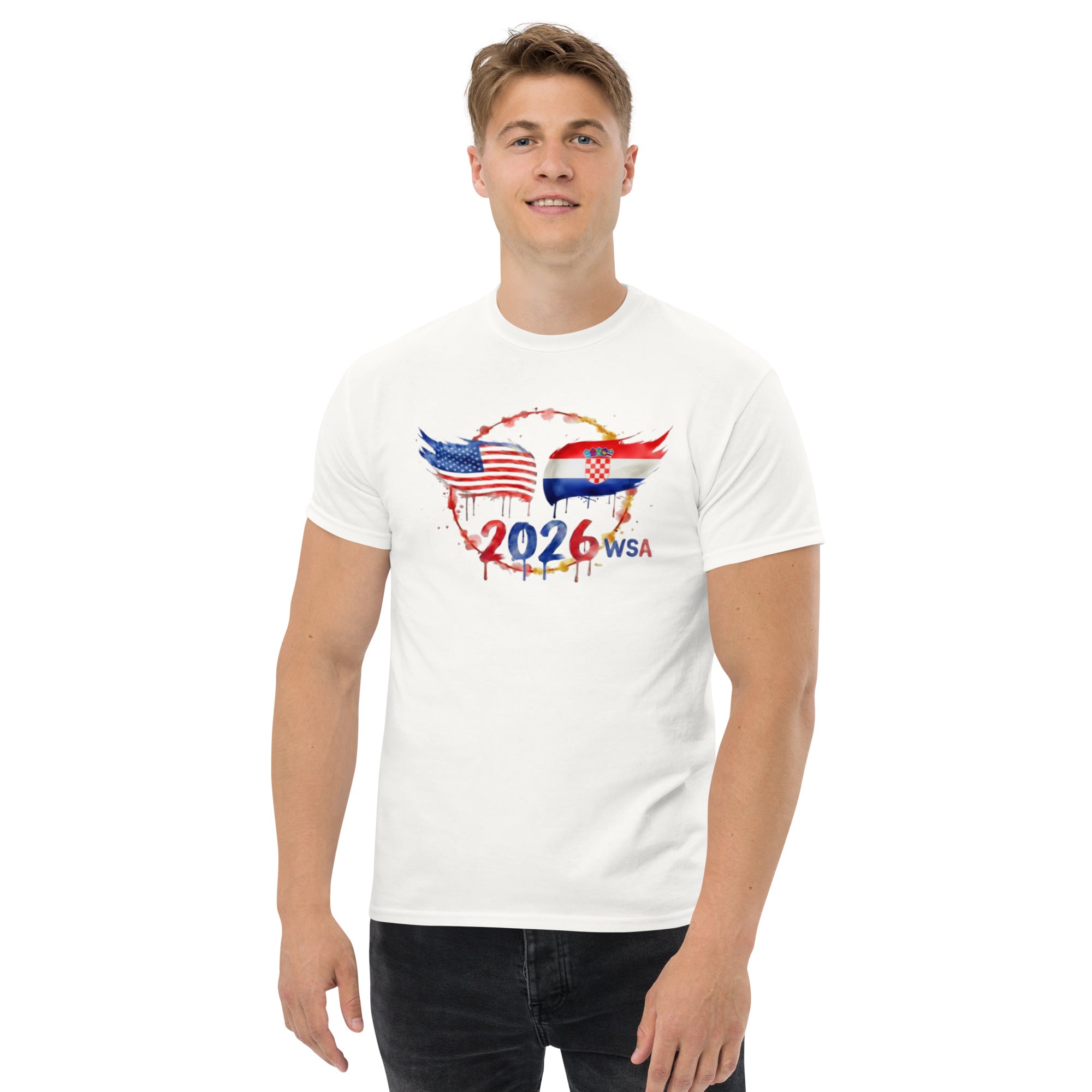 Person wearing a white t-shirt with a graphic design featuring flags and '2026 WSA' text on a white background