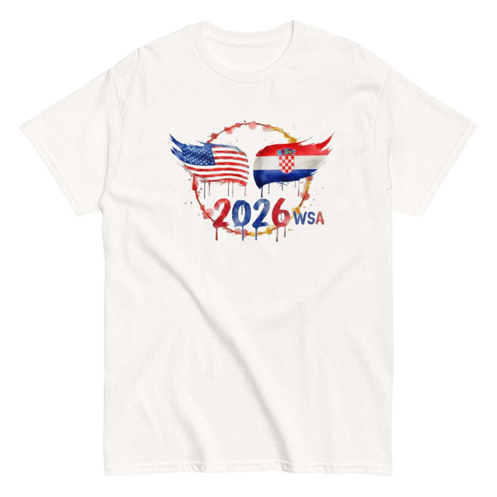 White t-shirt with 2026 WSA design featuring American and Croatian flags on a white background