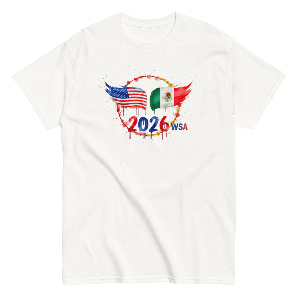 White t-shirt with 2026 WSA graphic featuring American and Mexican flags on a white background