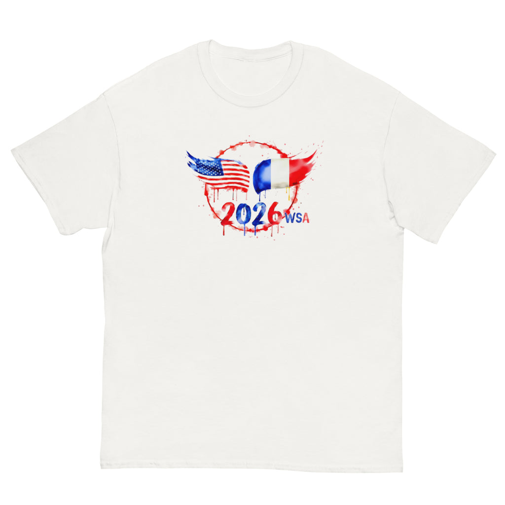 White t-shirt with 2026 USA design featuring American and French flags on a white background