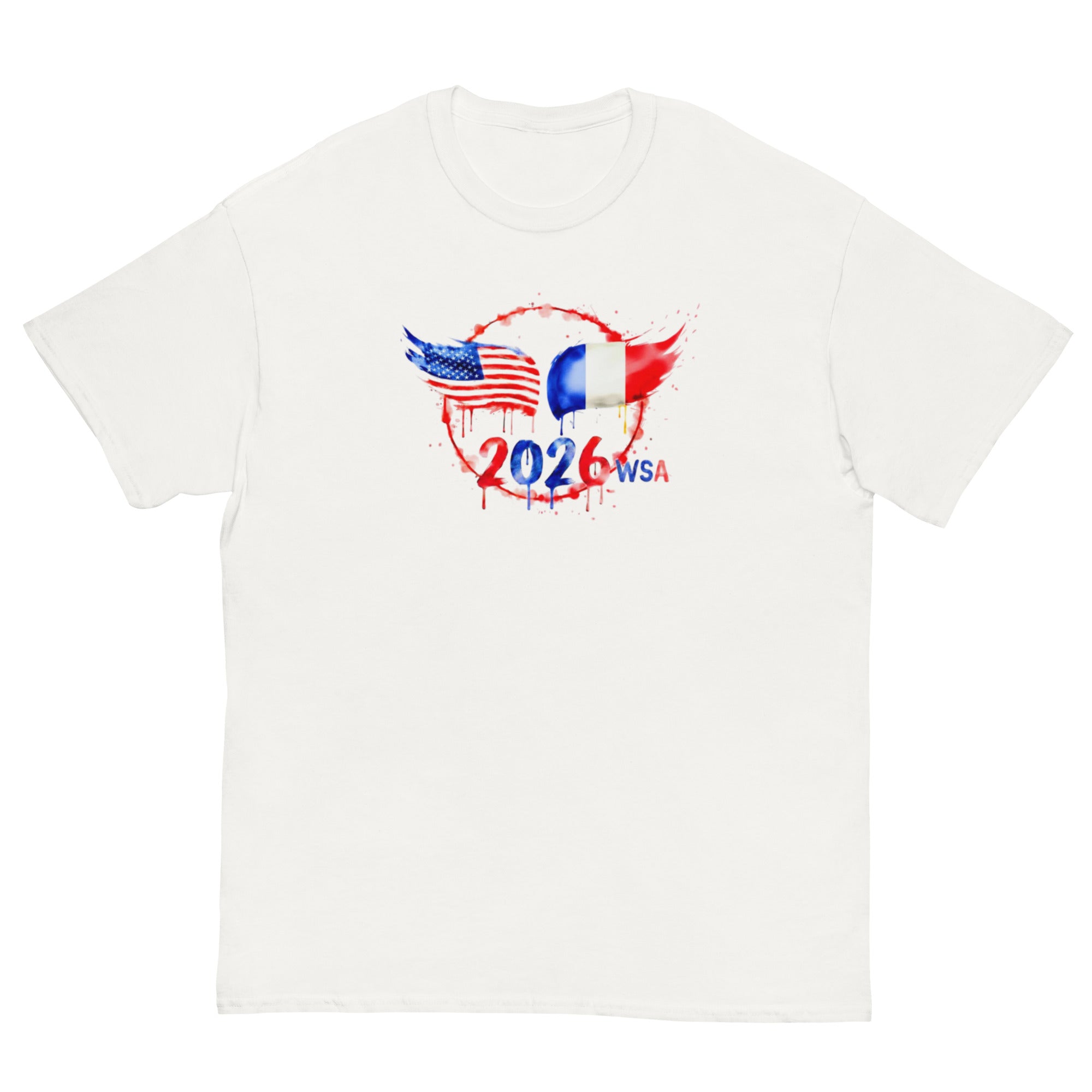 White t-shirt with 2026 USA design featuring American and French flags on a white background