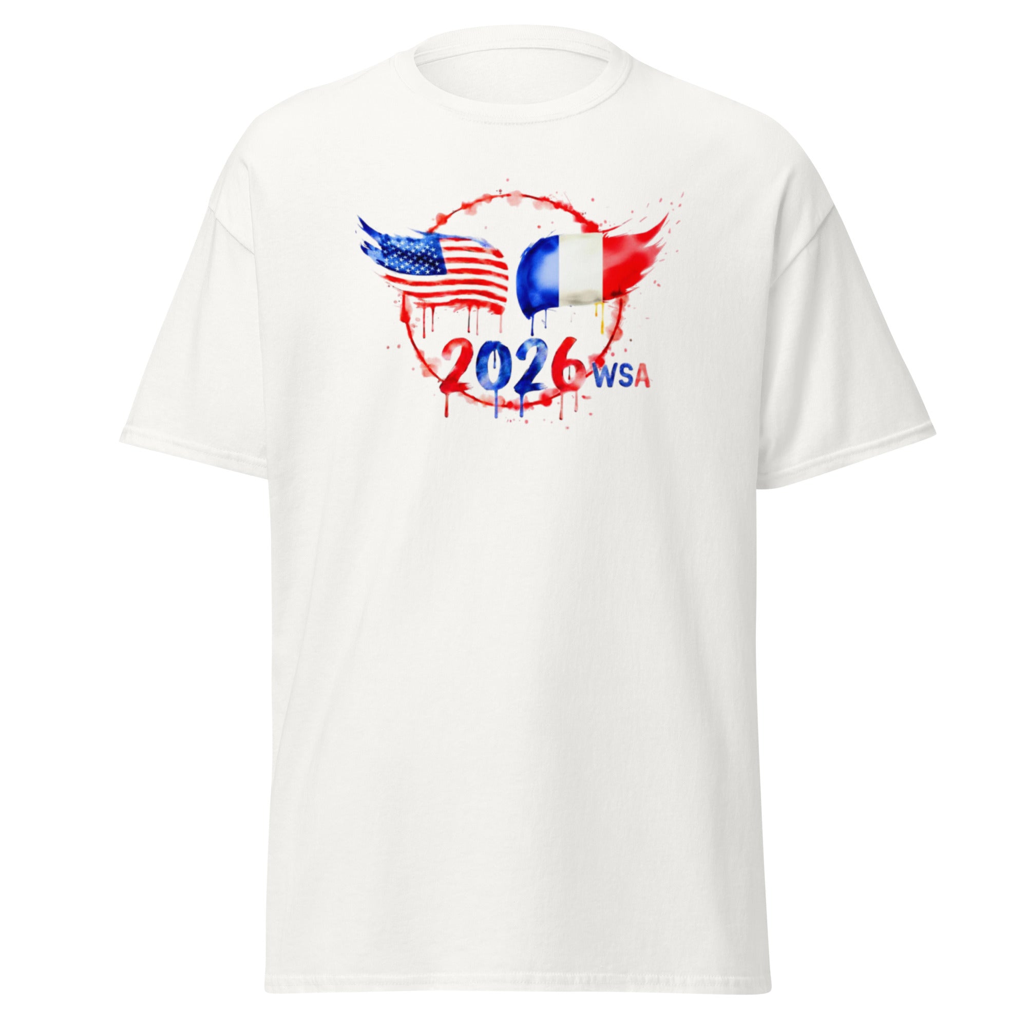White t-shirt with 2026 WSA design featuring American and French flags on a white background