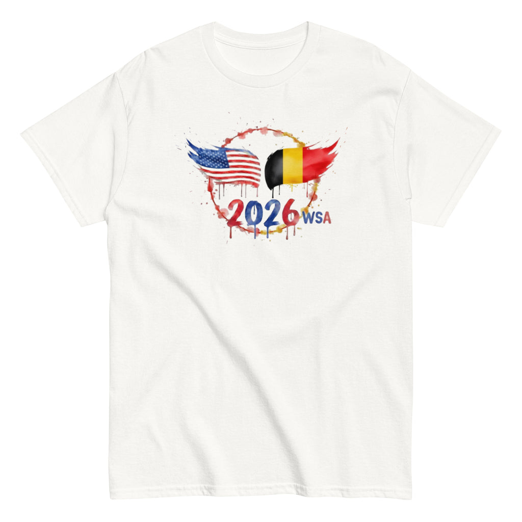 White t-shirt with 2026 WSA design featuring American and Belgian flags on a white background