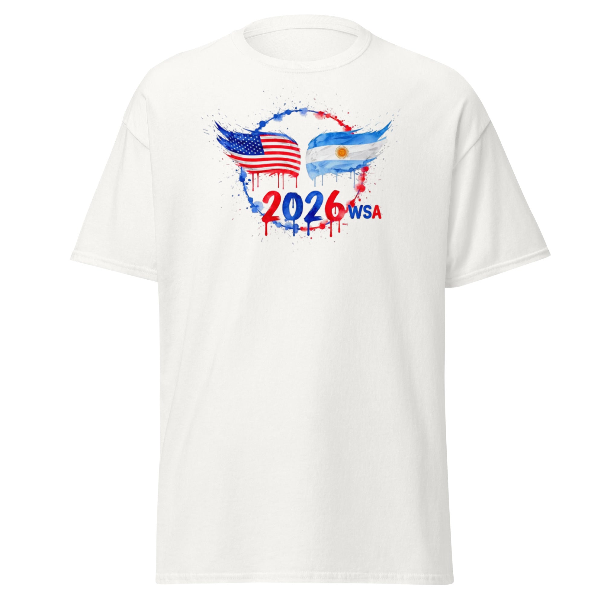 White t-shirt with 2026 WSA graphic design on a white background
