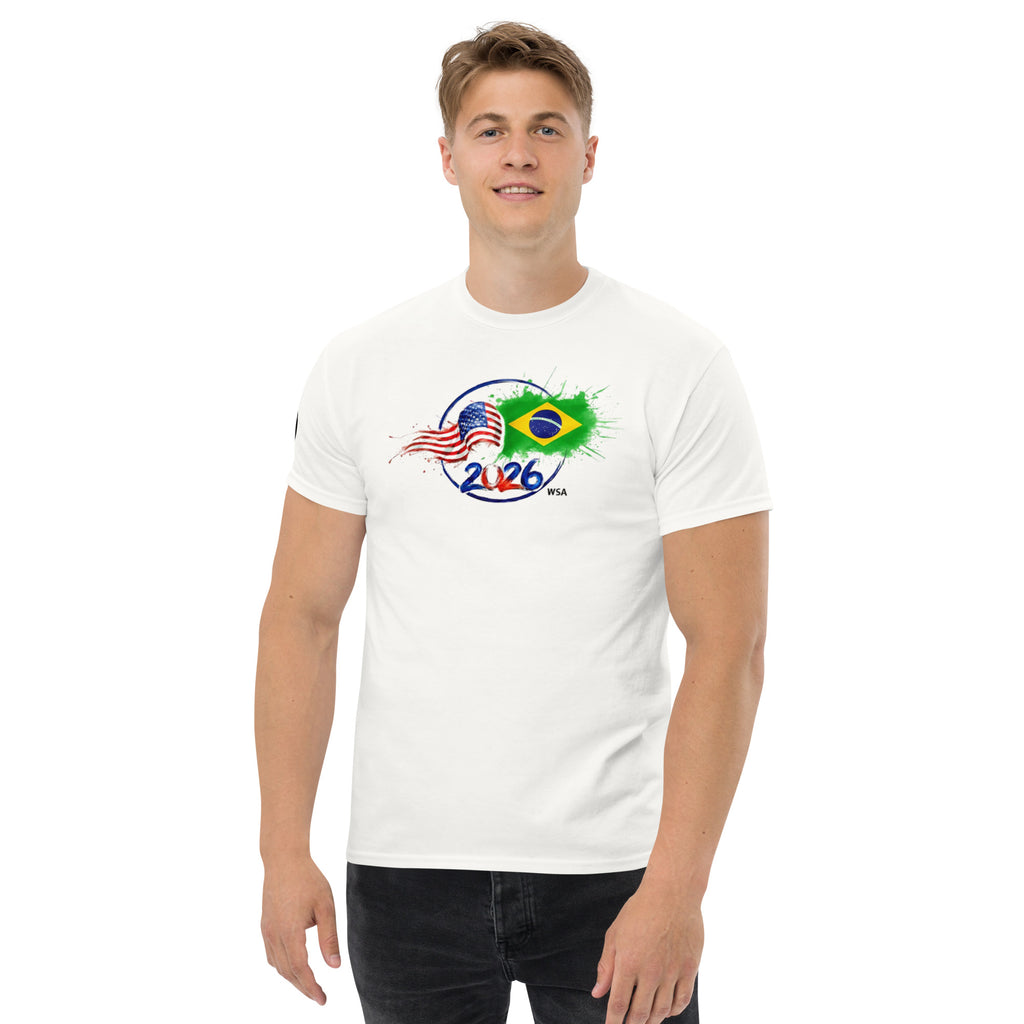 Person wearing a white t-shirt with a graphic design on a white background