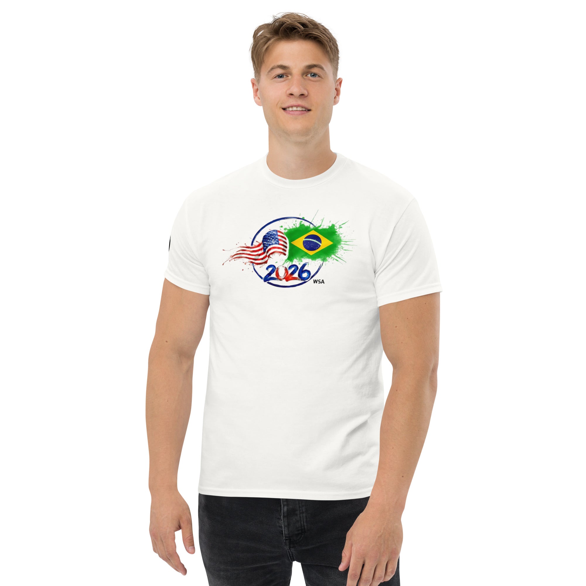 Person wearing a white t-shirt with a graphic design on a white background