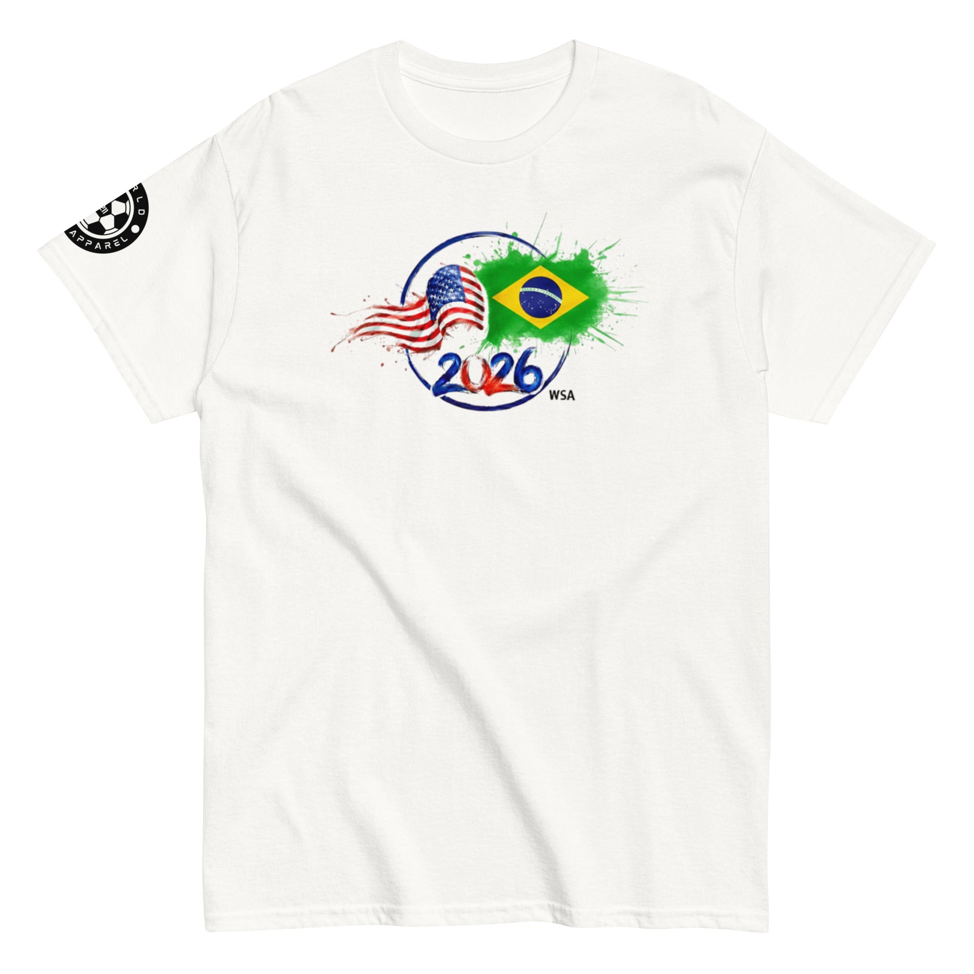 White t-shirt with 2026 World Cup logo featuring American and Brazilian flags on a white background.