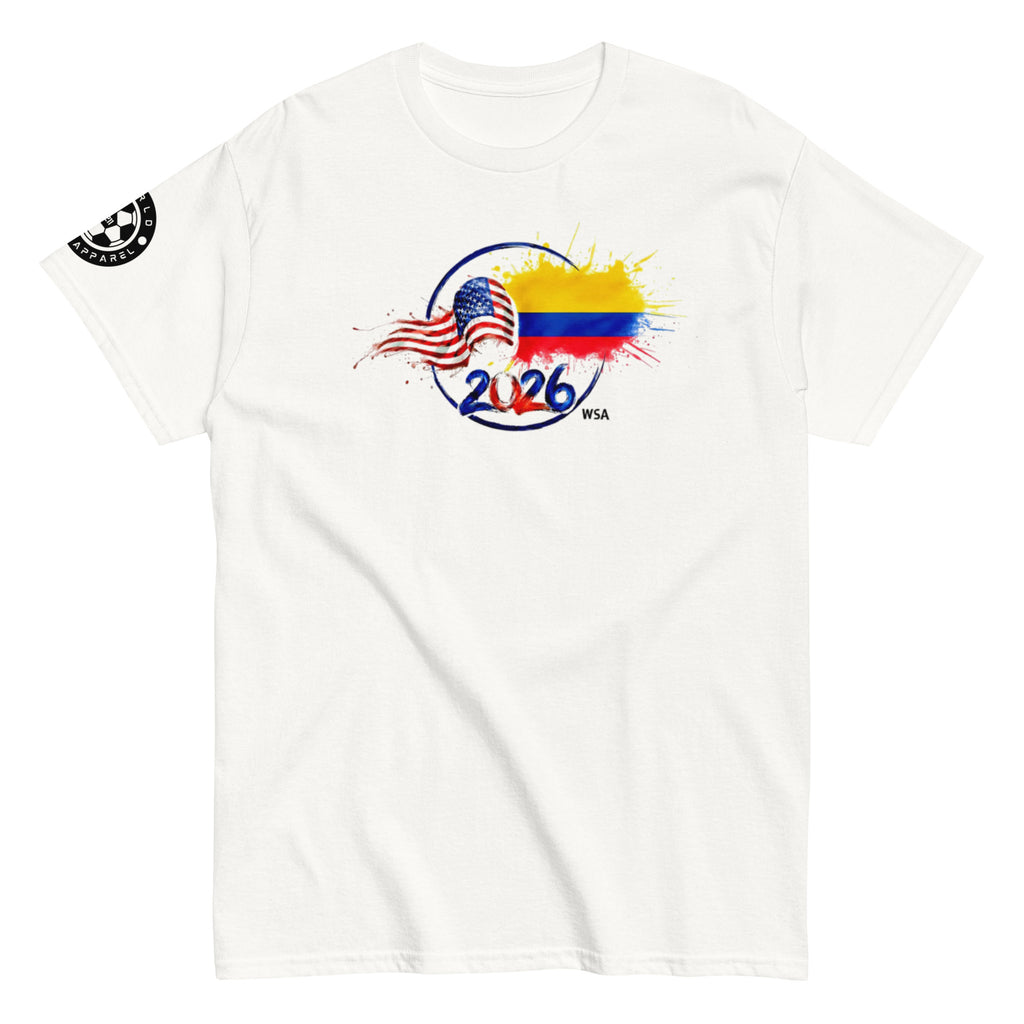 White t-shirt with 2026 FIFA World Cup design featuring American and Colombian flags on a white background.