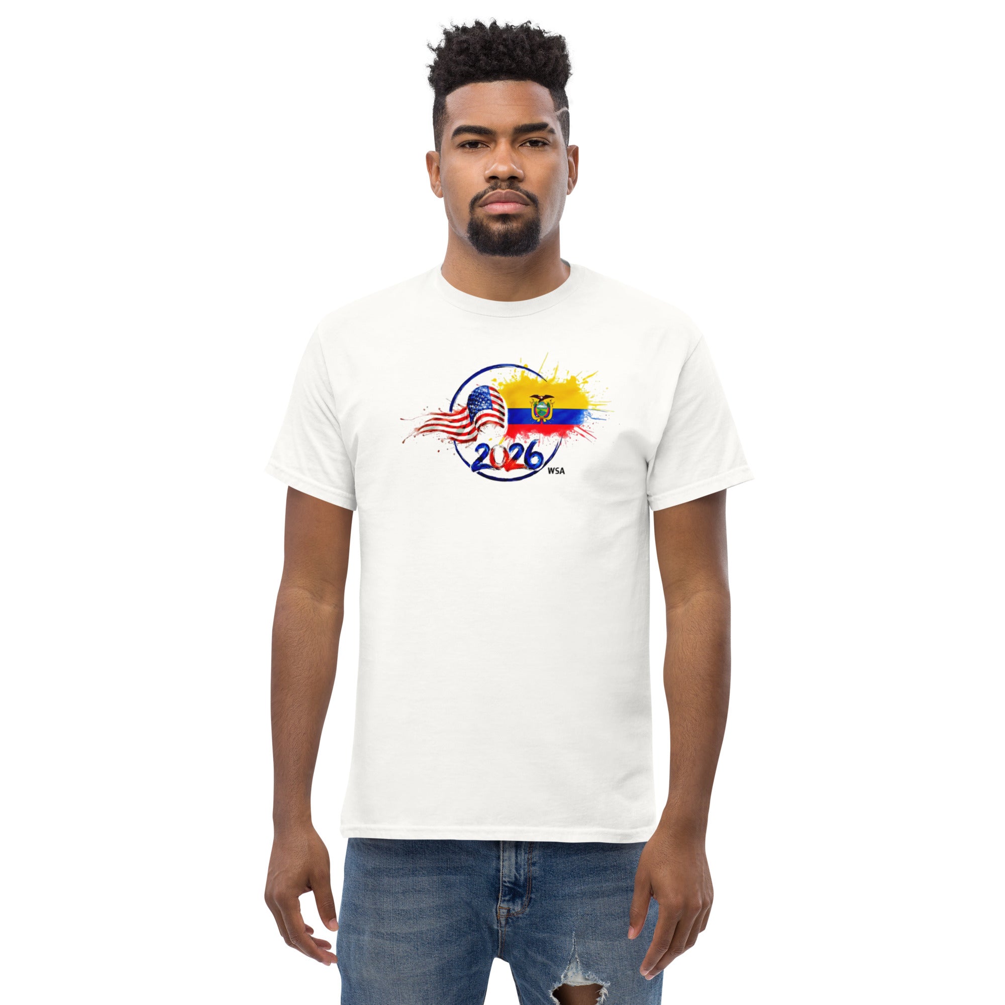 Man wearing a white t-shirt with a graphic design on a white background