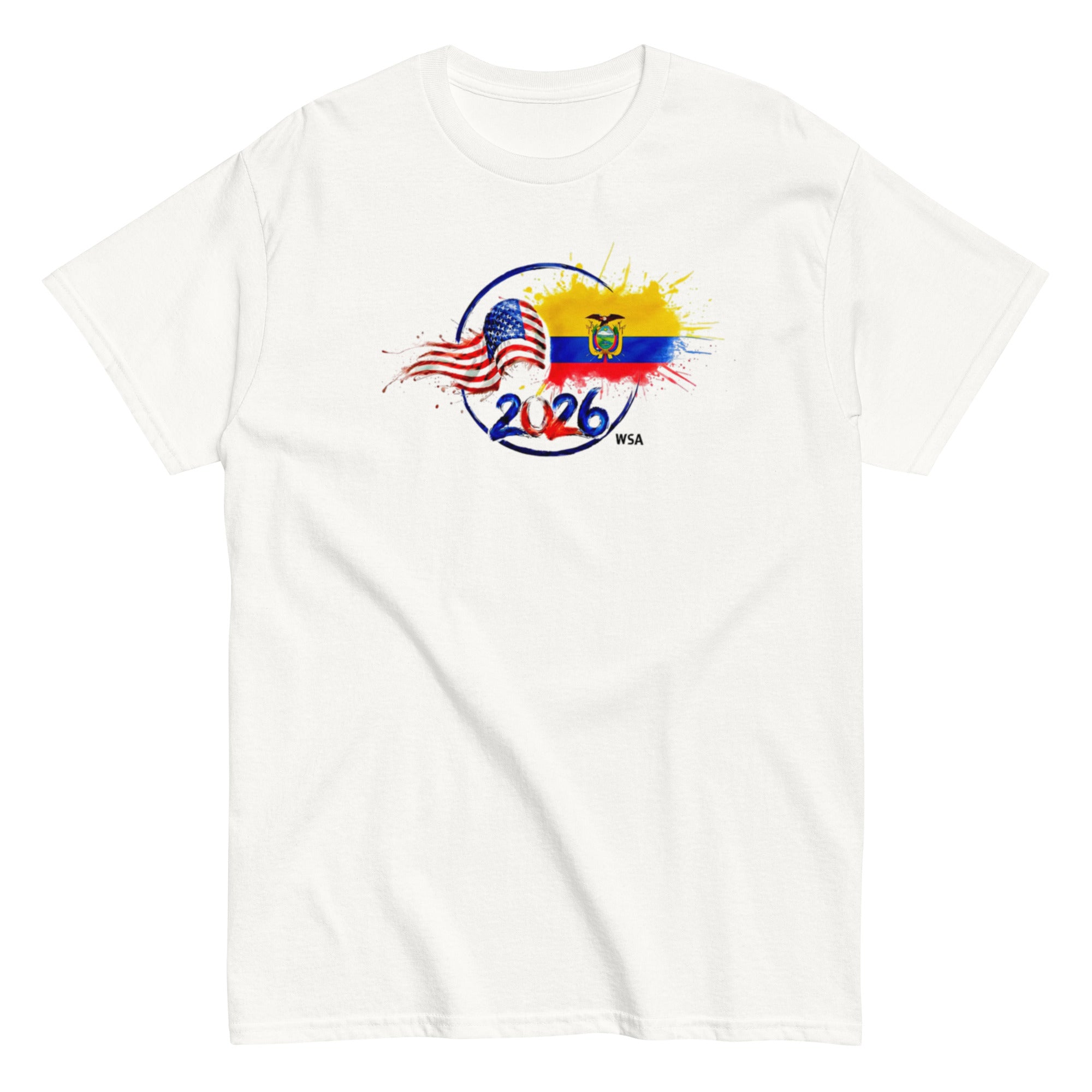 White t-shirt with 2026 World Cup design featuring American and Ecuadorian flags on a white background