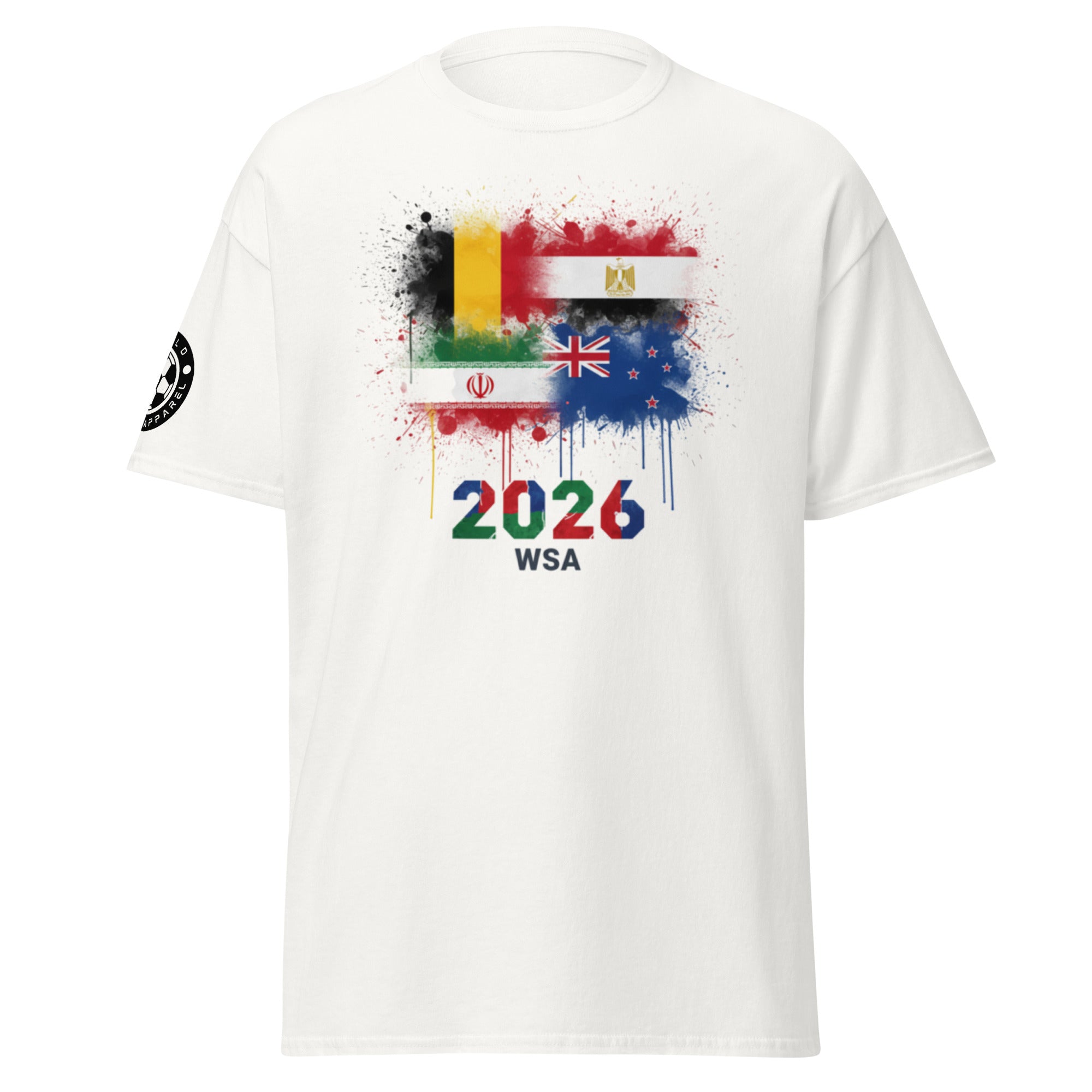 White t-shirt with colorful graphic design featuring flags and '2026 WSA' text on a white background.