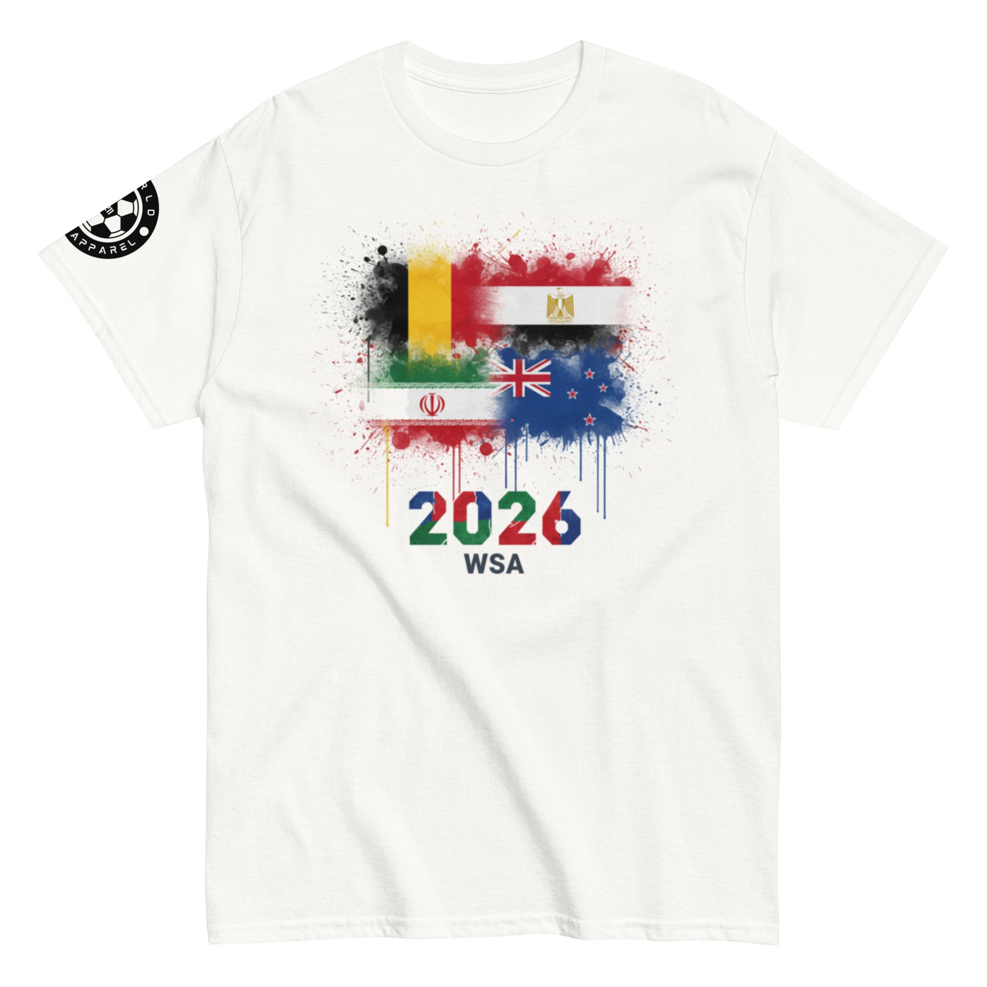 White t-shirt with colorful flag design and '2026 WSA' text on a white background