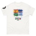 White t-shirt with colorful graphic design featuring flags and '2026 WSA' text on a white background.