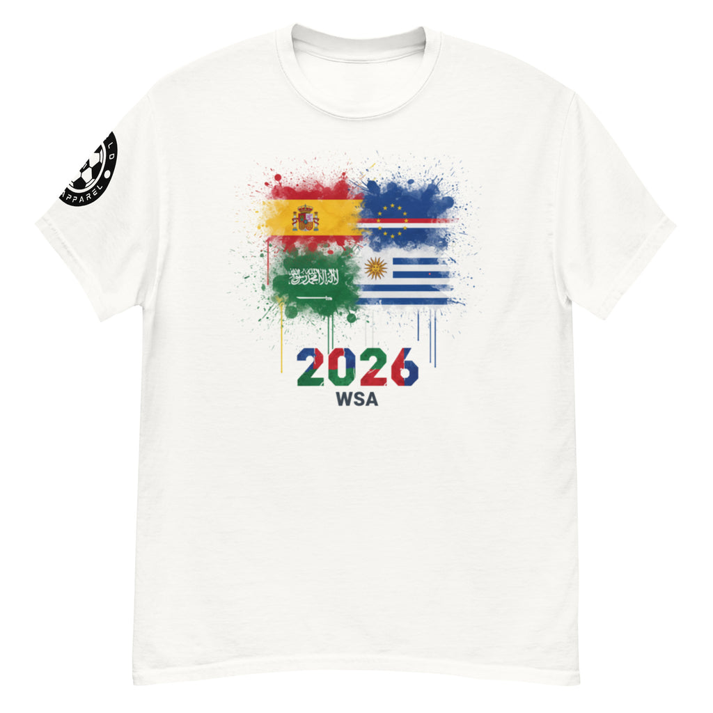 White t-shirt with colorful graphic design featuring flags and '2026 WSA' text on a white background.