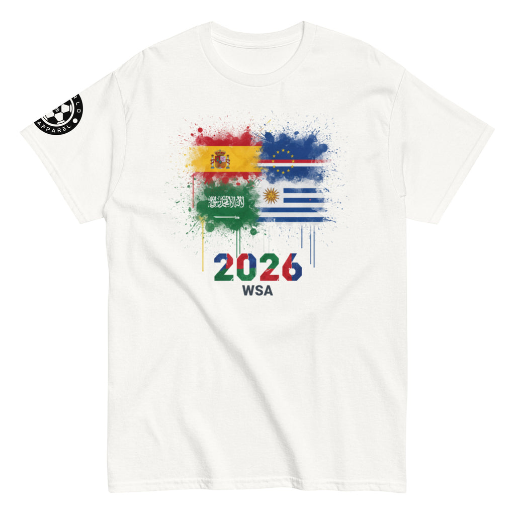 White t-shirt with colorful graphic design featuring flags and '2026 WSA' text on a white background.