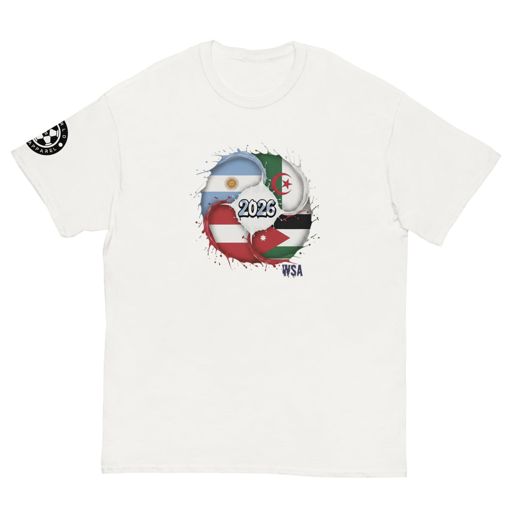 White t-shirt with a graphic design featuring flags and '2026' on a white background