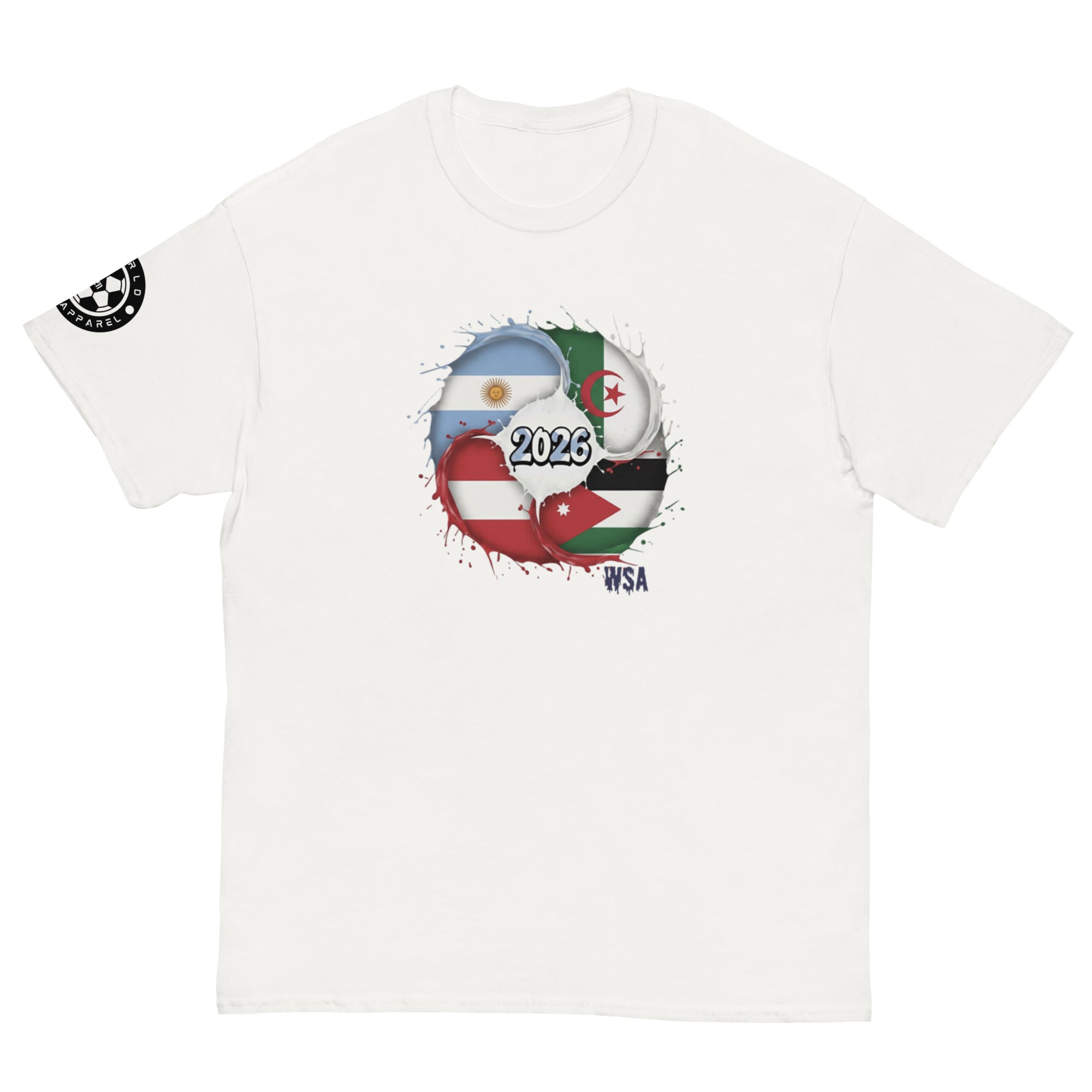 White t-shirt with a graphic design featuring flags and '2026' on a white background