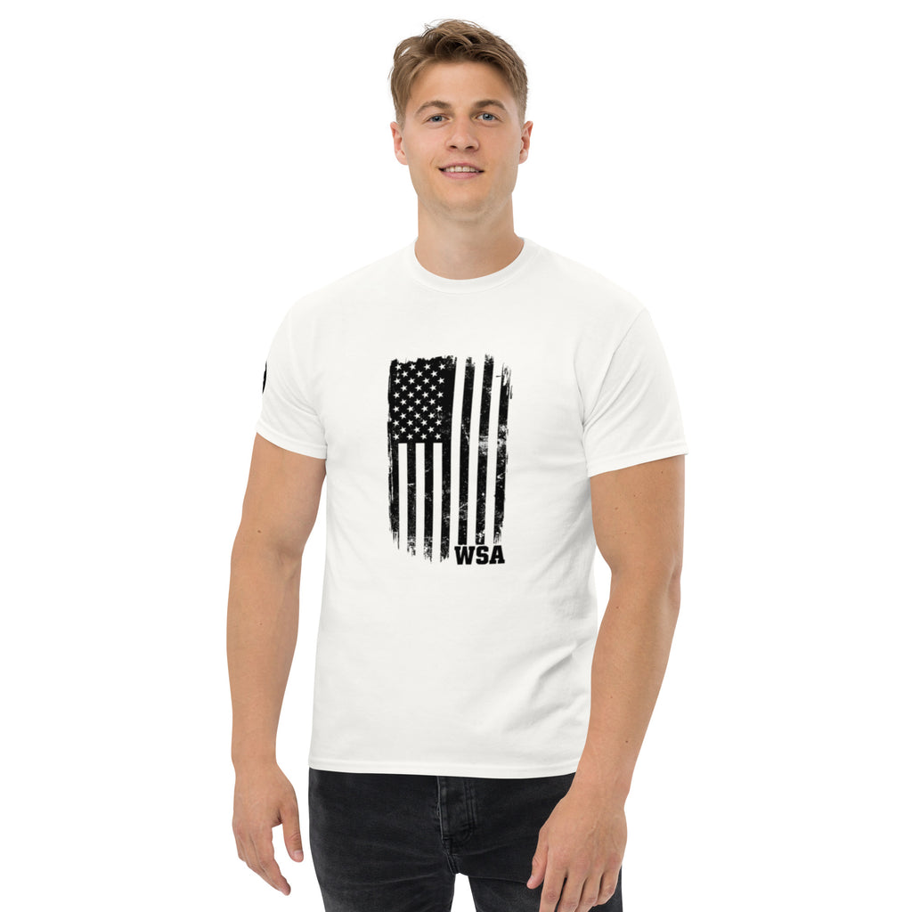 Man wearing a white t-shirt with an American flag graphic and 'WSA' text on a white background