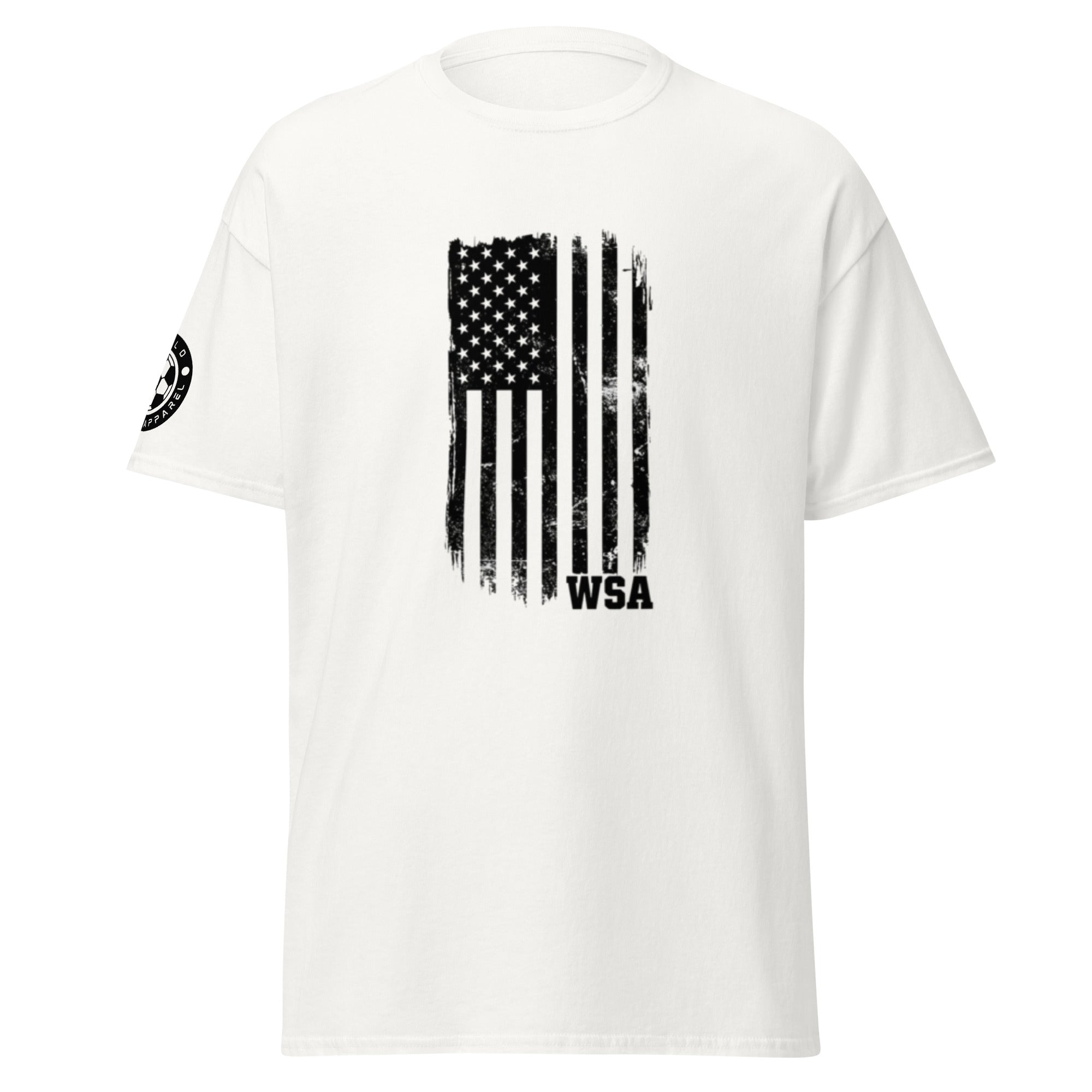 White t-shirt with black American flag and 'WSA' text on a white background