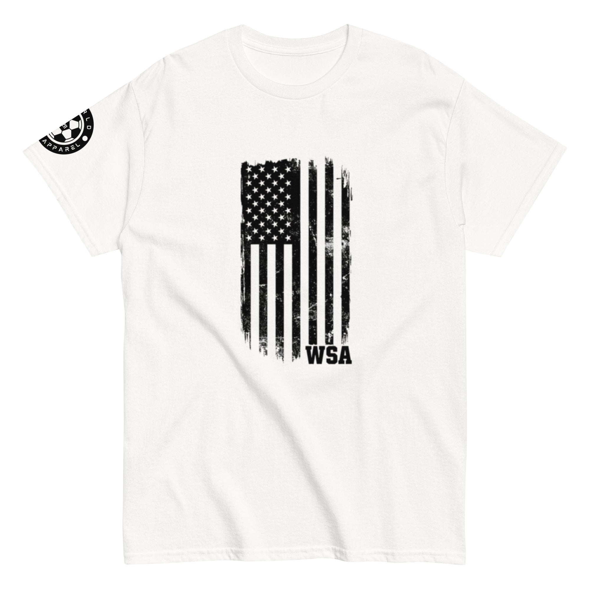 White t-shirt with black American flag graphic and 'WSA' text on a white background
