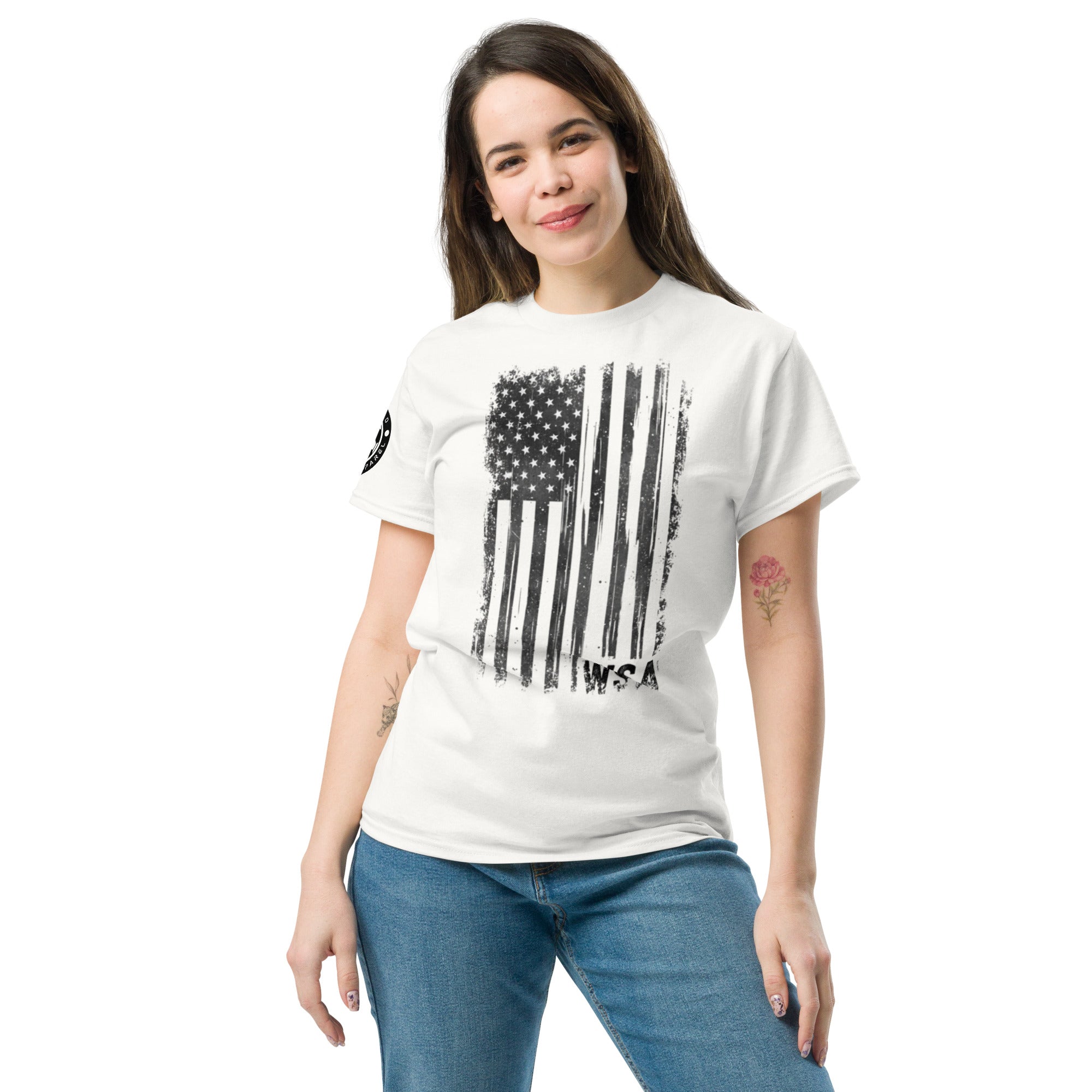 Woman wearing a white t-shirt with an American flag design on a white background