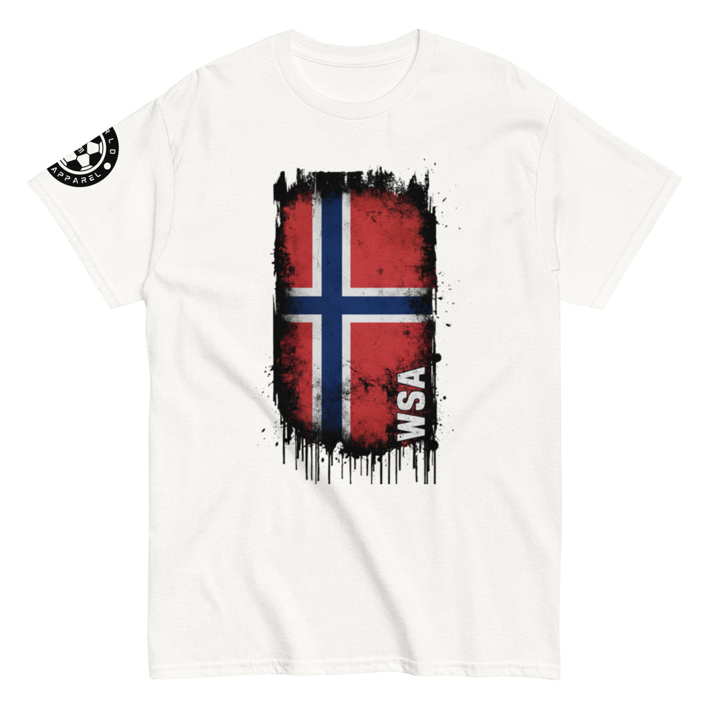 White t-shirt with a red, blue, and white flag design and 'WSA' text on a white background