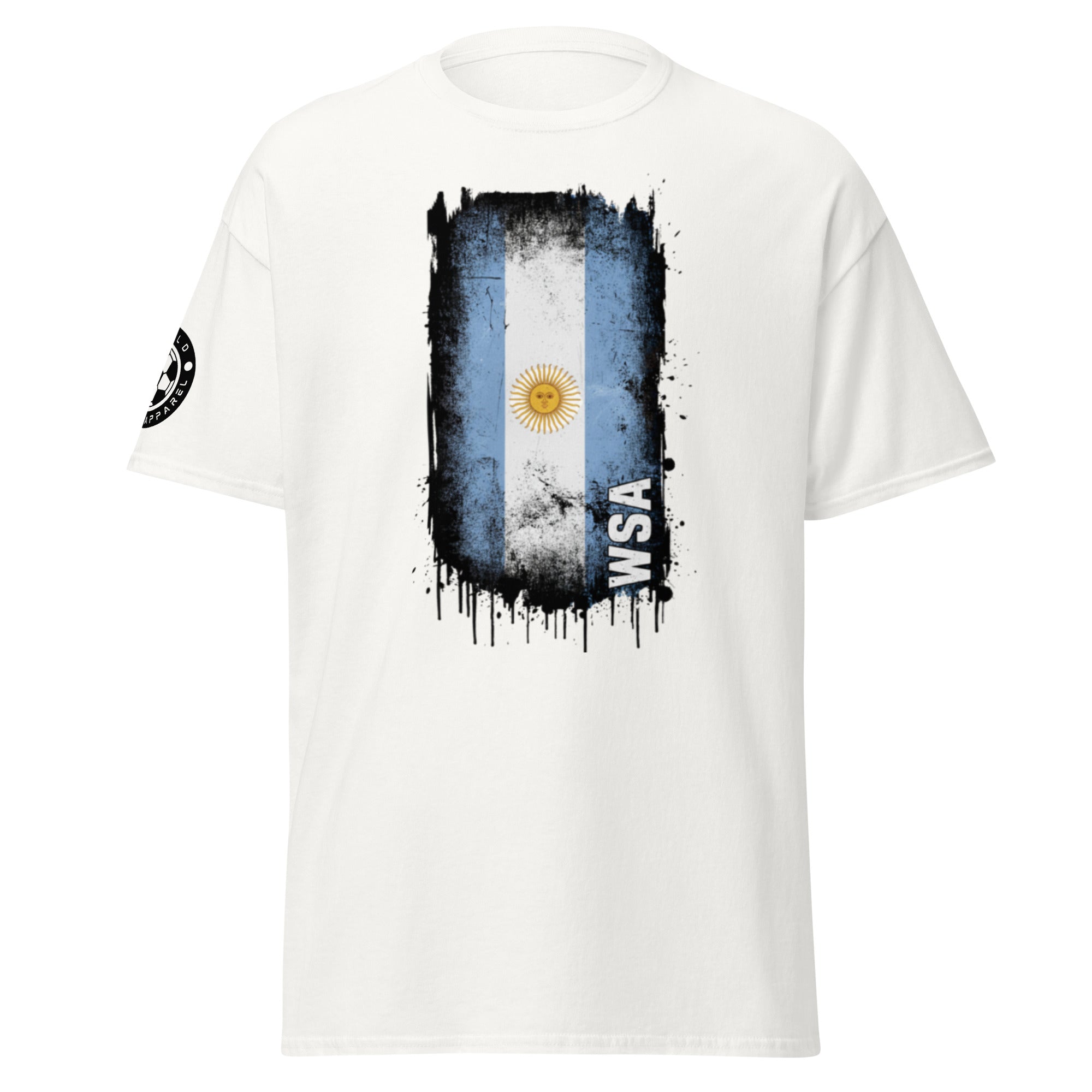 White t-shirt with a graphic of the Argentine flag and 'WSA' text on a white background